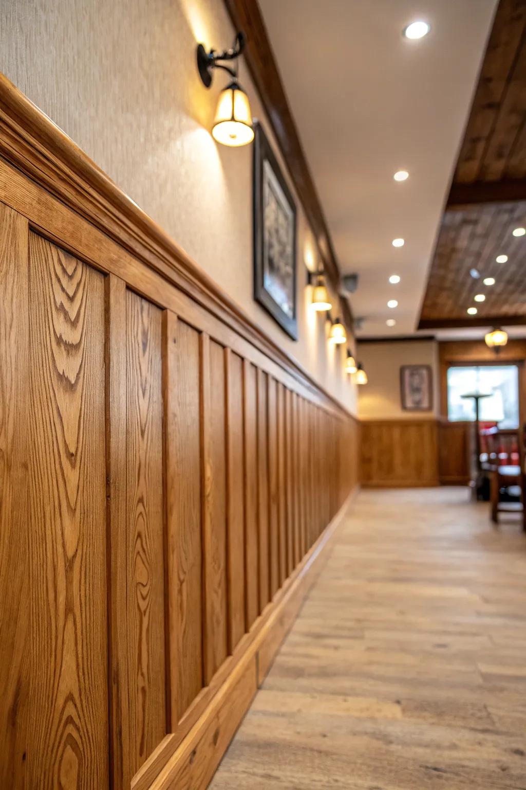 Natural wood wainscoting showcases beautiful grains and a rustic appeal.