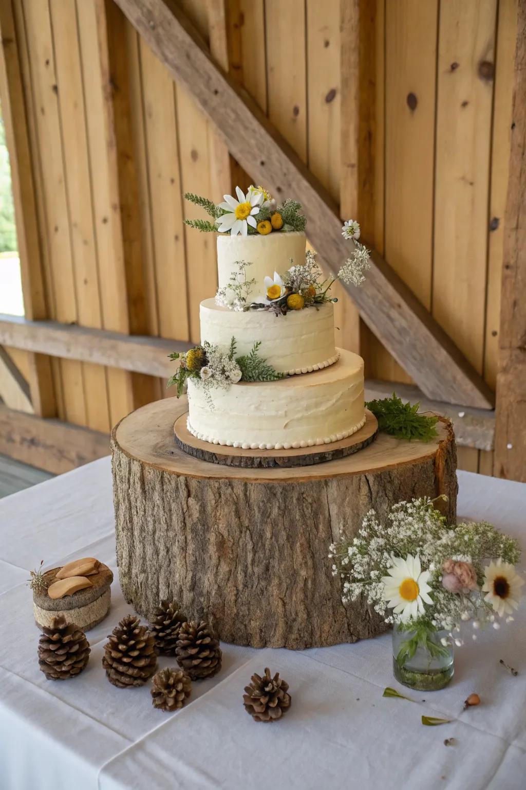 Traditional timber log cut stand ideal for displaying a countryside-style cake.