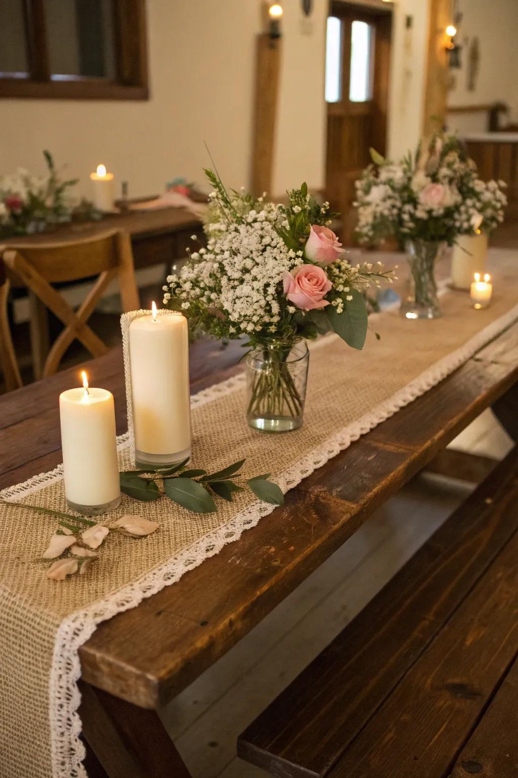 A countryside main table showcasing a hessian overlay and exquisite floral decorations.