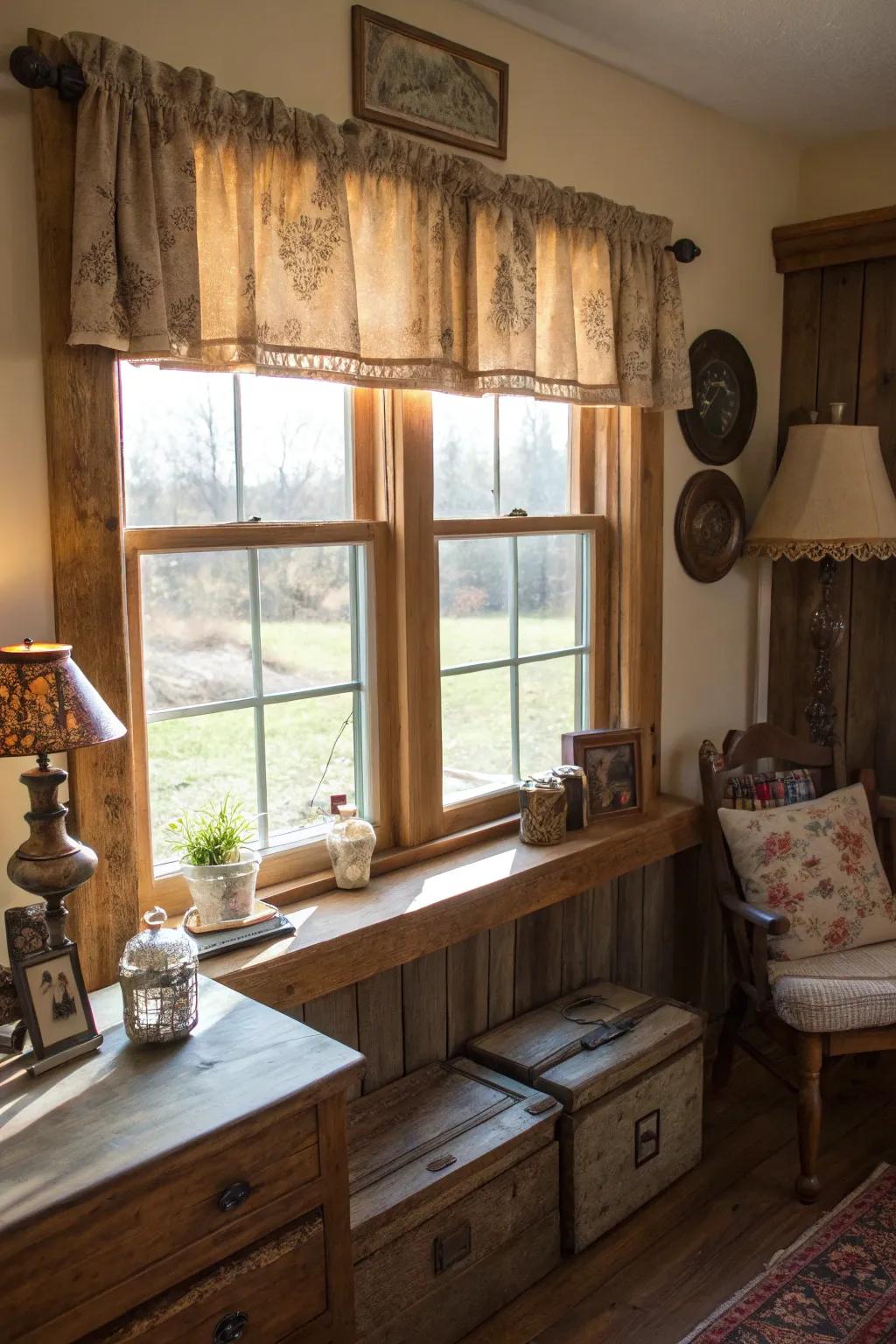 A rustic window valance crafted from repurposed barn wood, introducing texture and a sense of history to a welcoming living area.