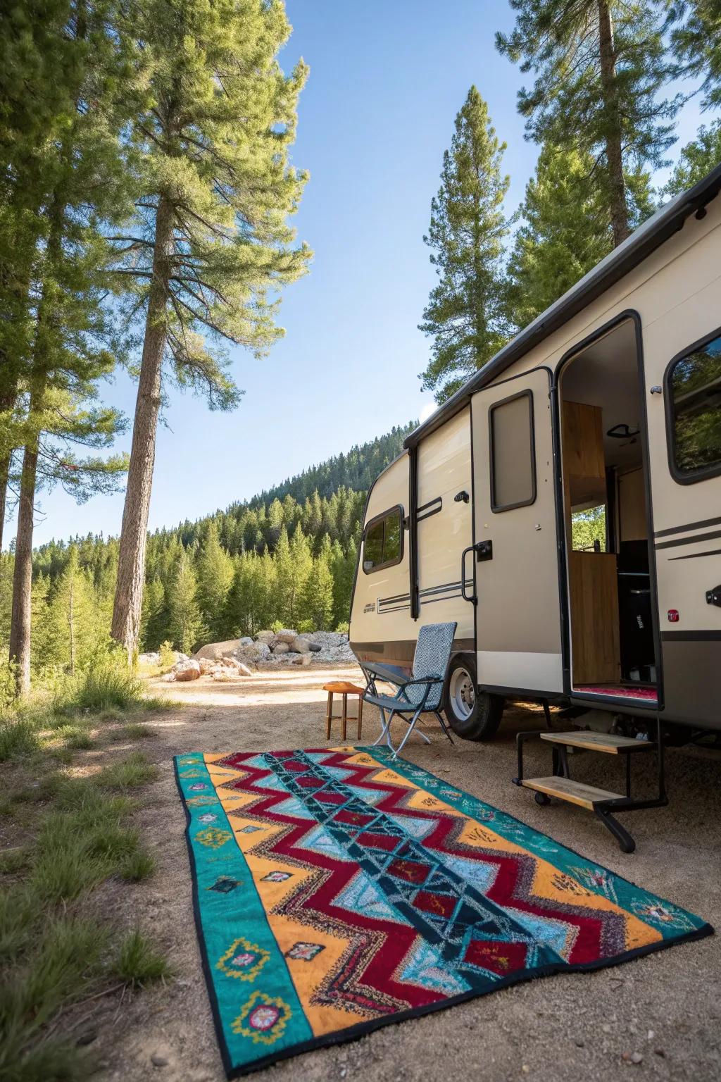 An outdoor rug makes your RV campsite warmer and more stylish.