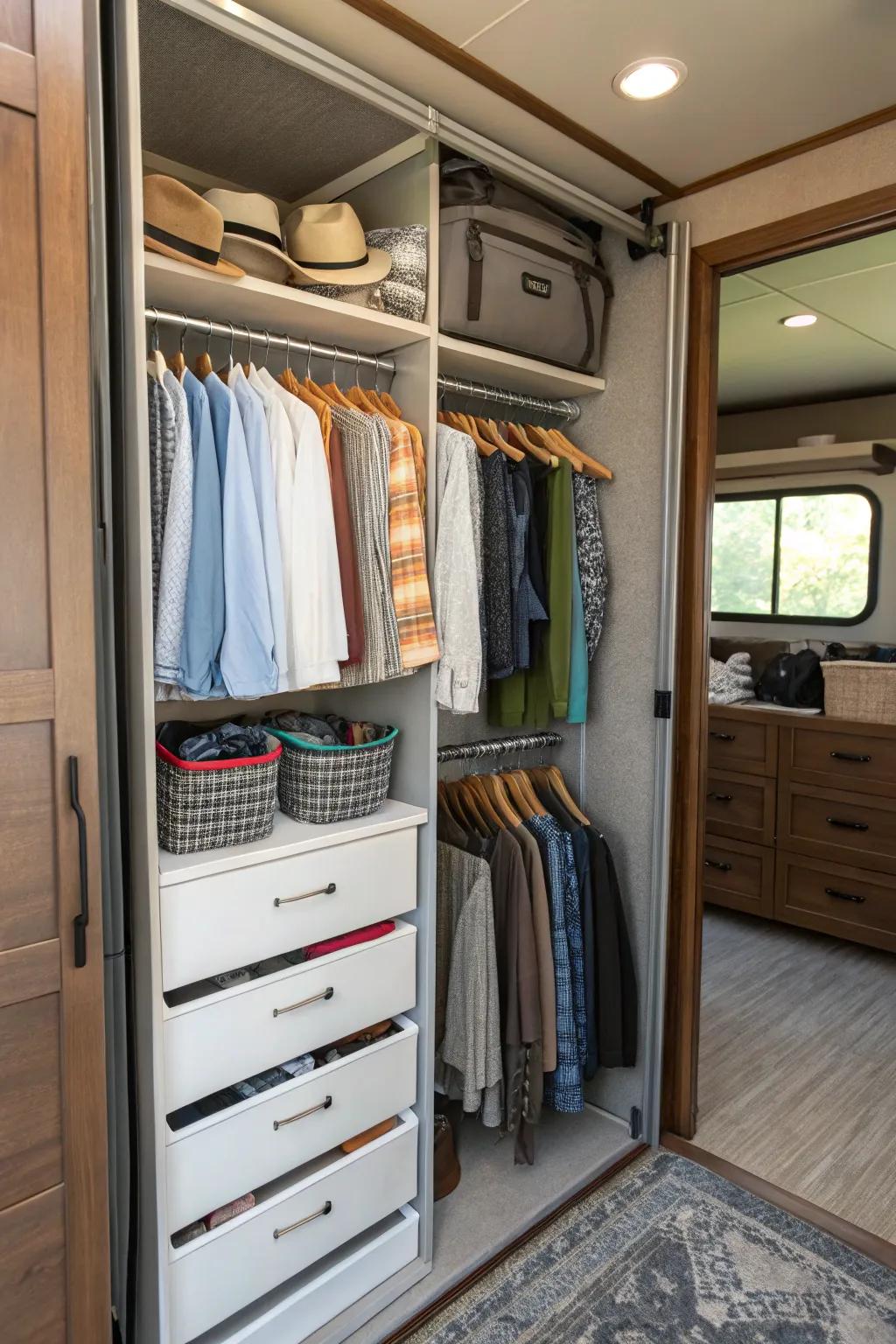Over-the-door organizers in an RV closet provide lots of space for outfits and extras.