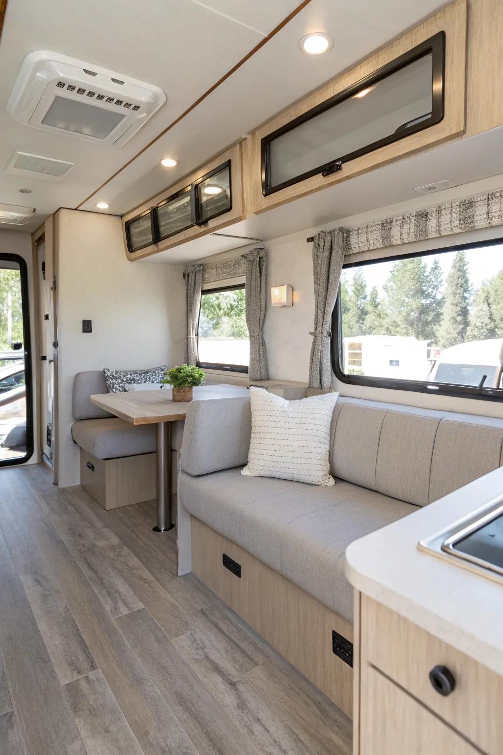 An RV interior showcasing a contemporary neutral color scheme that maximizes area and brightness.
