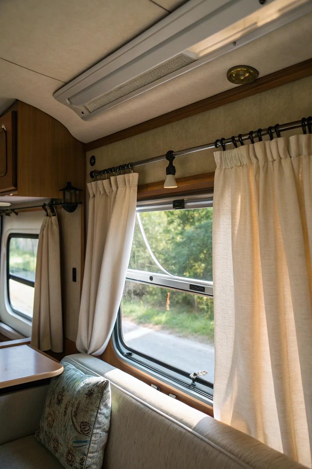 Effortlessly stylish: tension mount curtains in an RV.