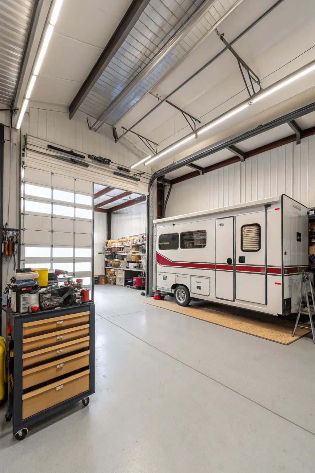 RV garages with high ceilings provide lots of room for unique storage possibilities.