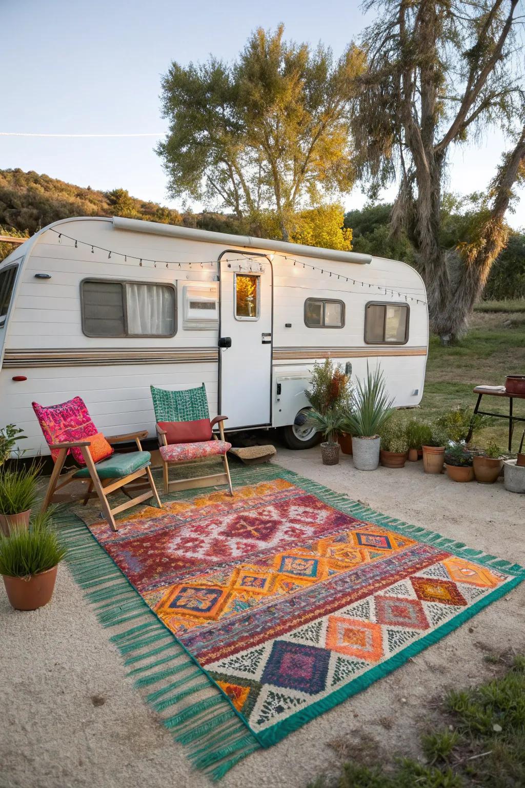 An outdoor rug adds warmth and style to your RV setup.