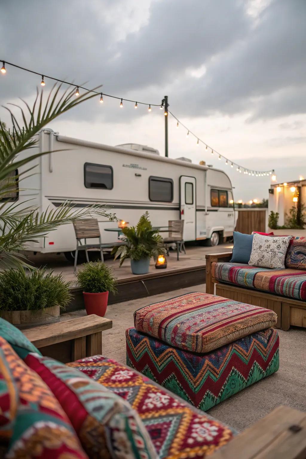 Cozy seating transforms your RV patio into a tranquil escape.