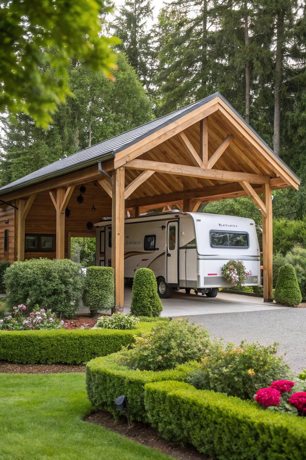 An open-air RV shelter balancing protection with easy access.