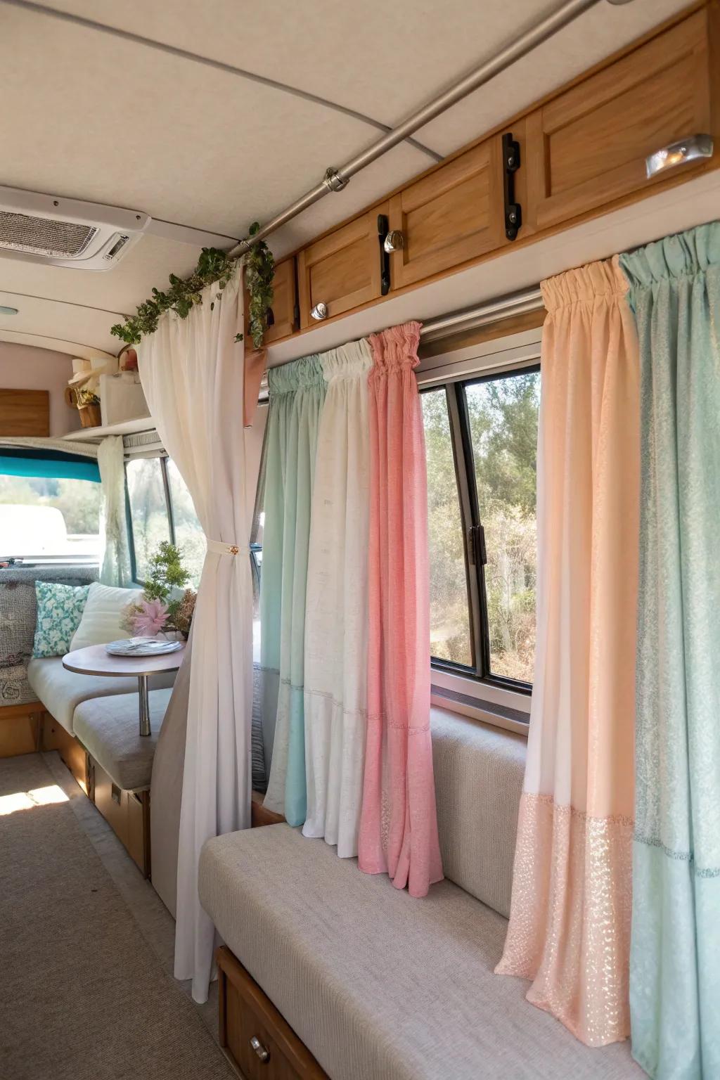 Layered curtains enrich the interior of your RV with depth and privacy.