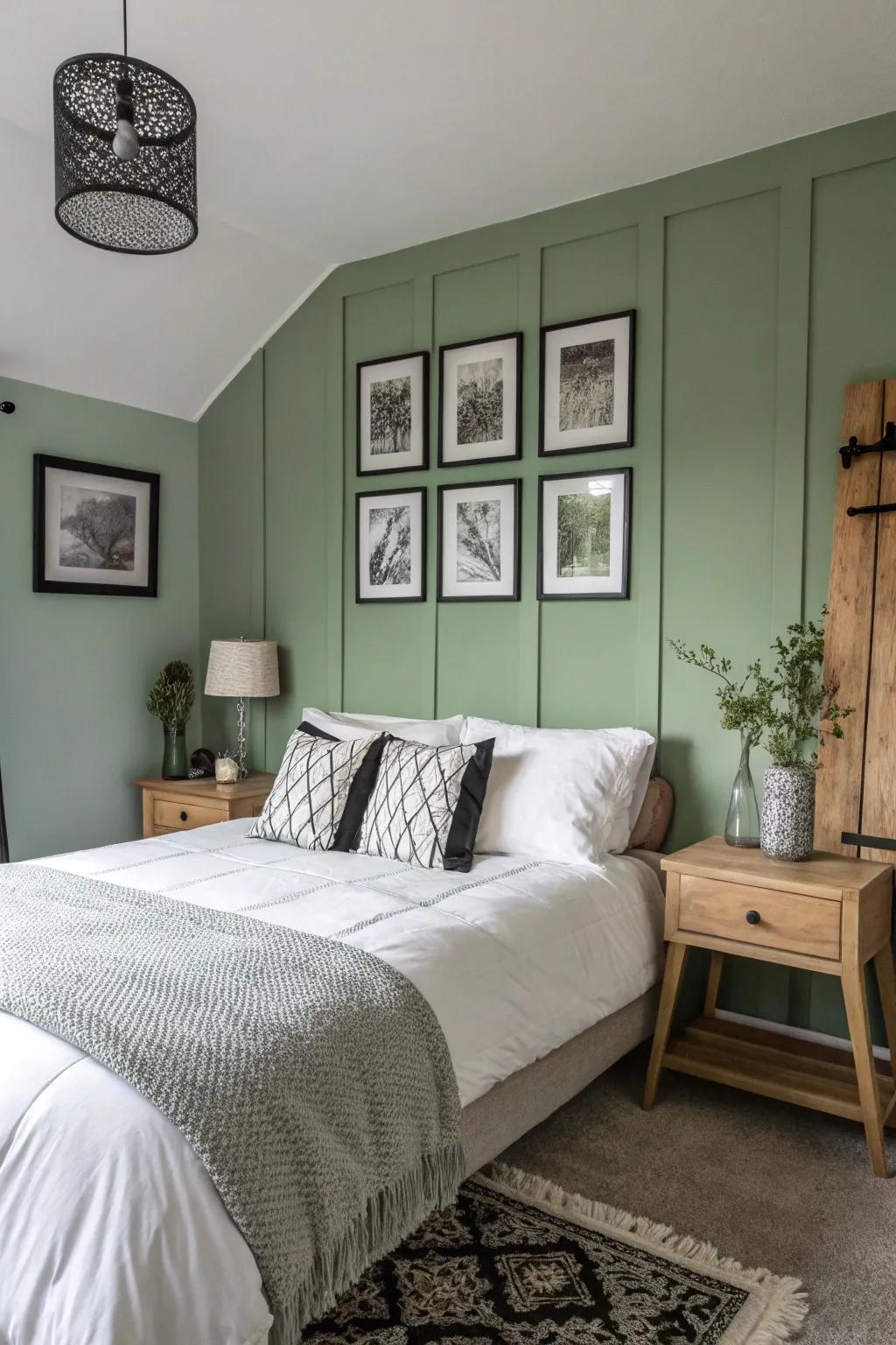 A verdant accent wall provides a peaceful scene for contrasting decor.