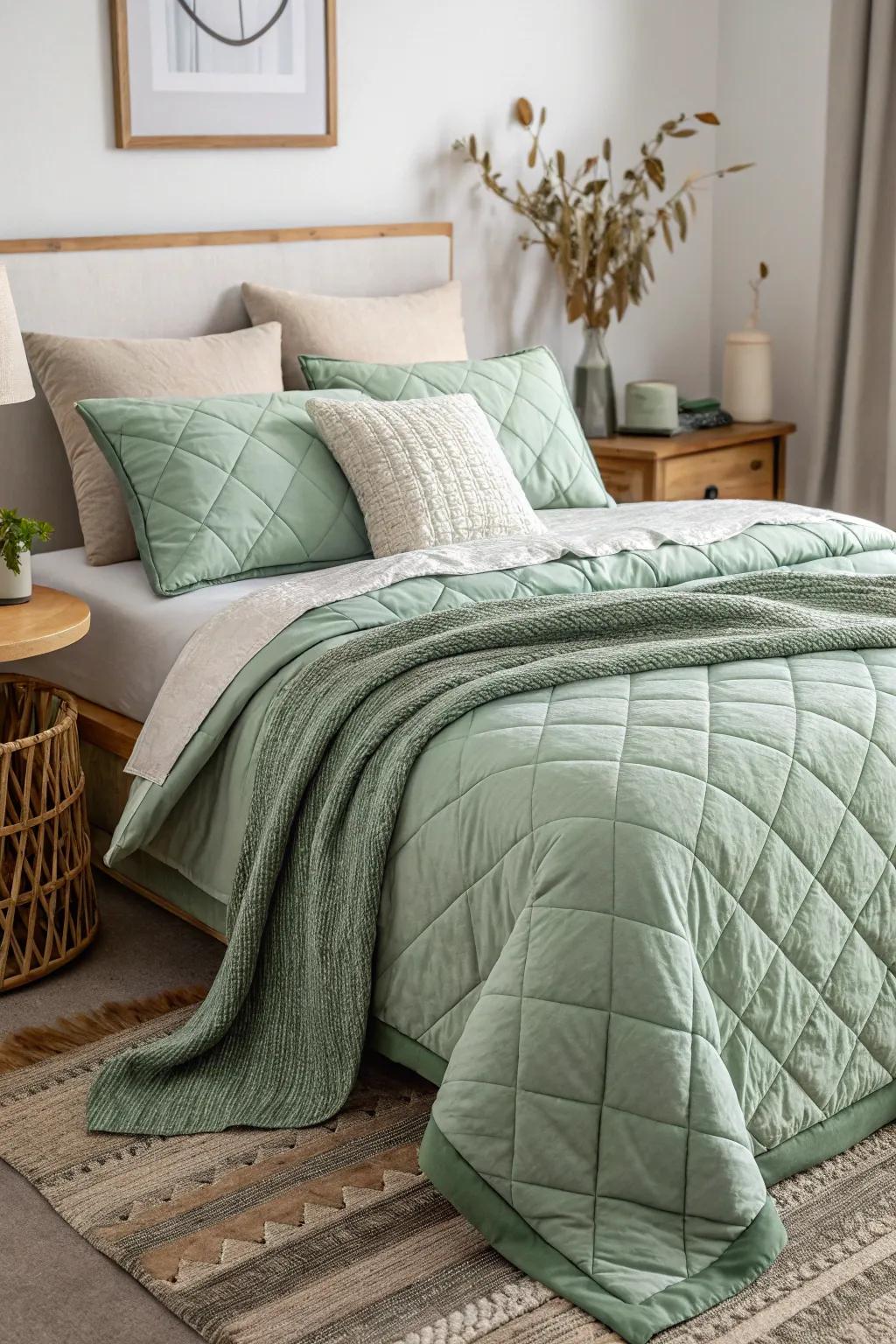 Deepen your bedroom's appeal by layering soft green bedding.