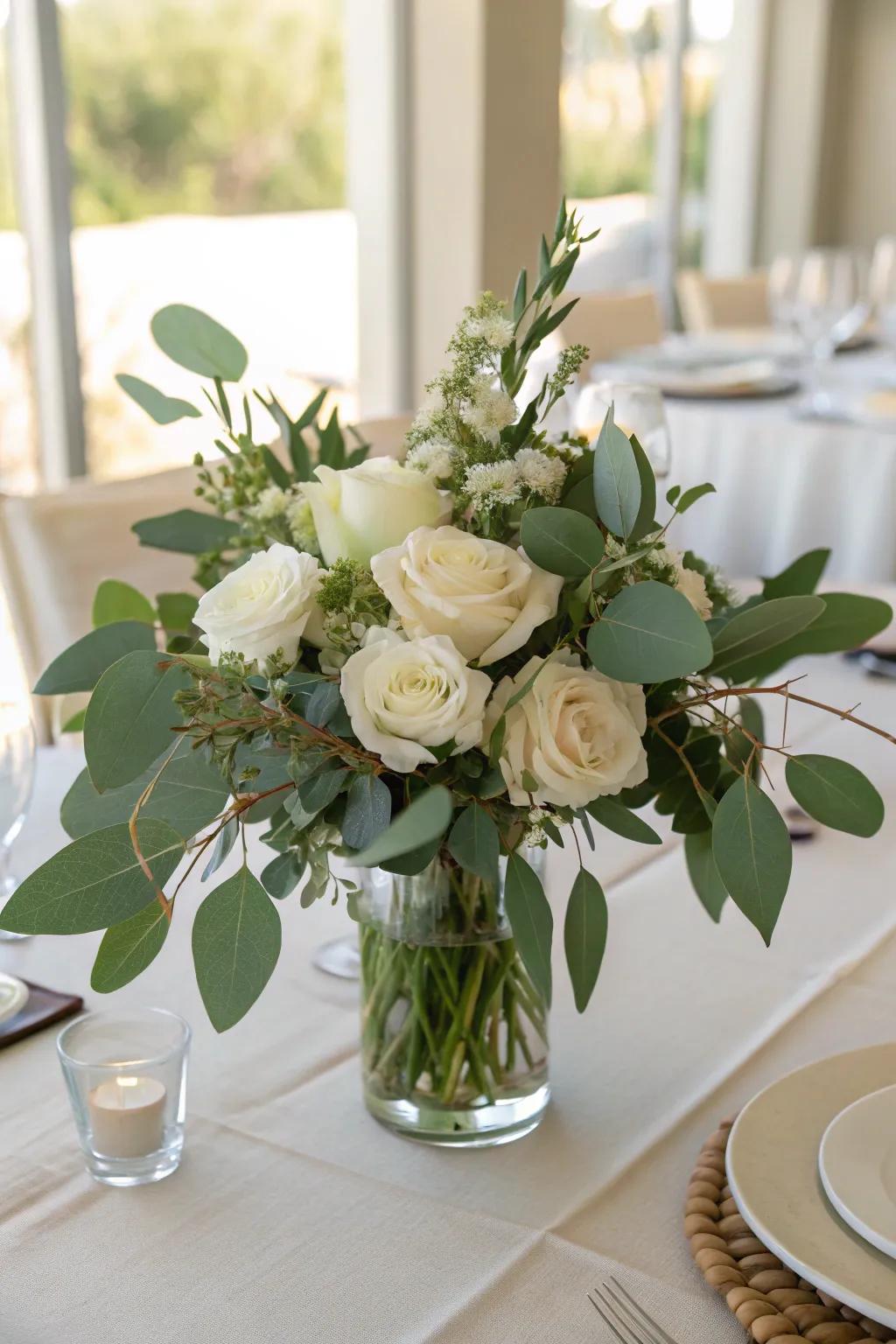 A timeless pairing of soft green foliage and pristine white flowers that speaks volumes of elegance.