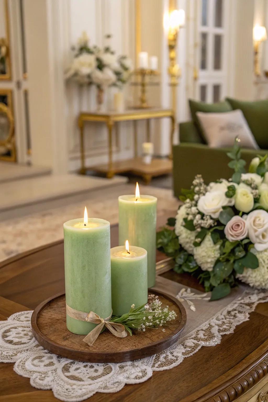 Sage green luminaries fashion a peaceful ambiance in any setting.
