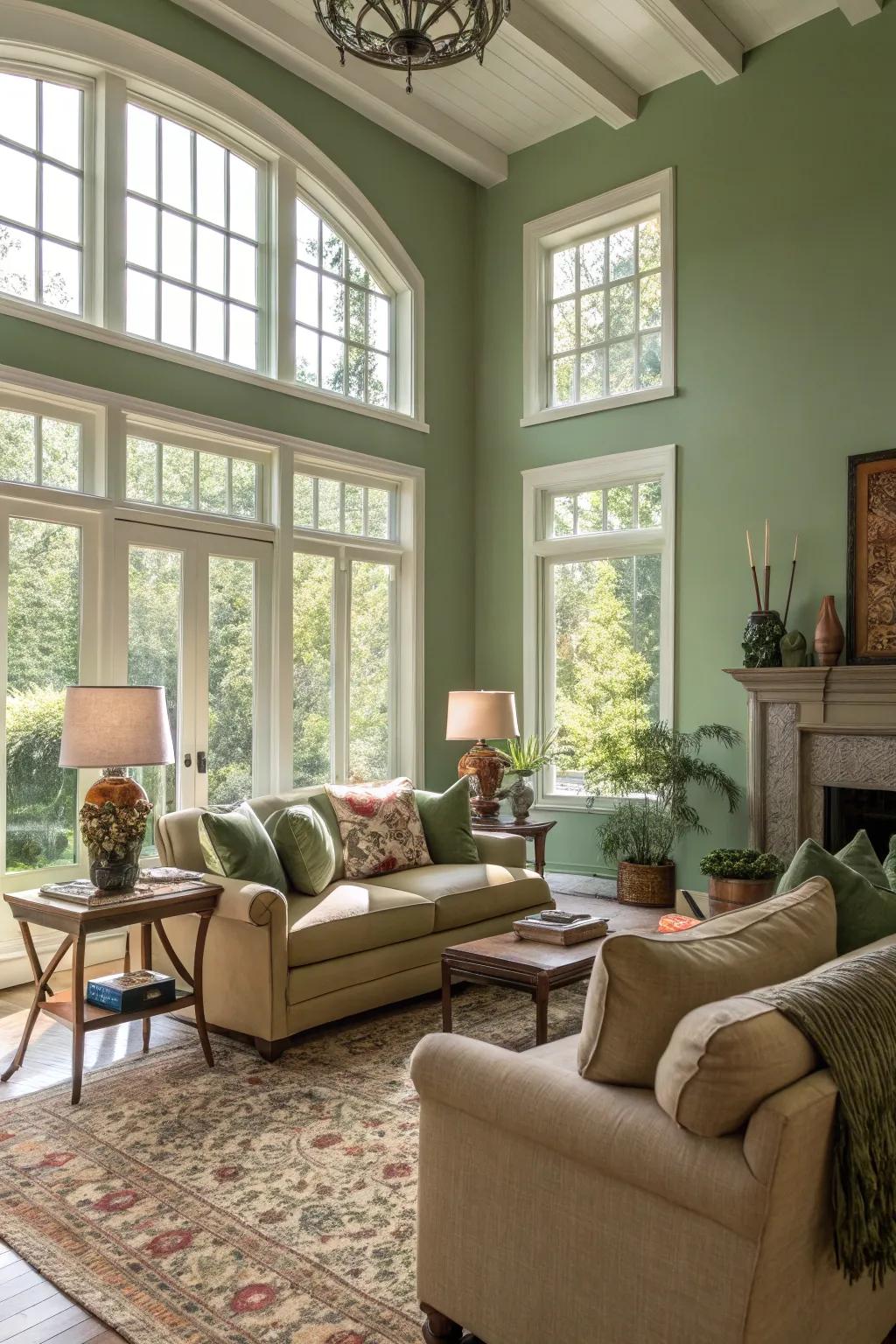Sage green walls, illuminated by abundant natural light, foster a peaceful ambiance.