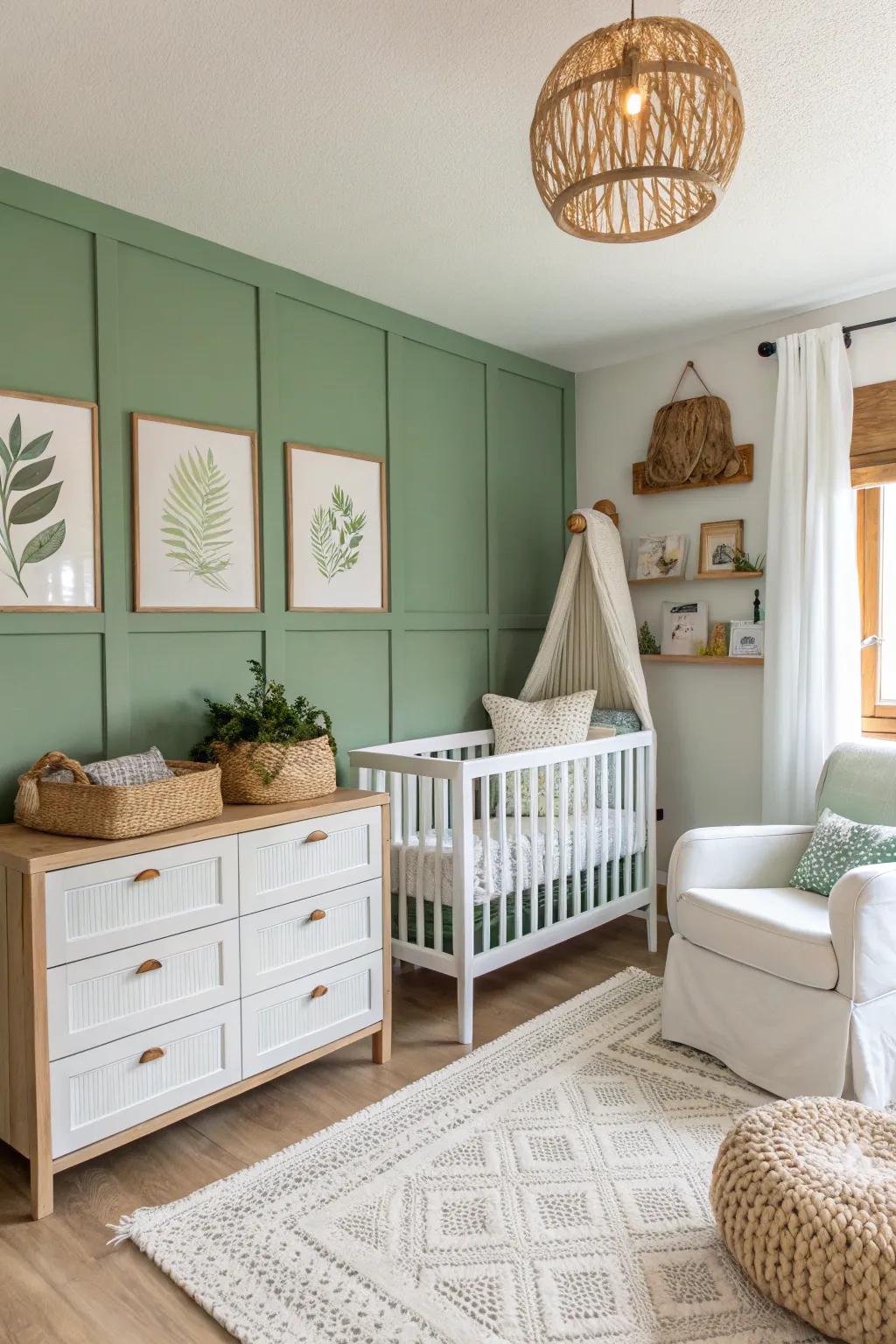 A sage green accent wall provides a focal point in this calm nursery.