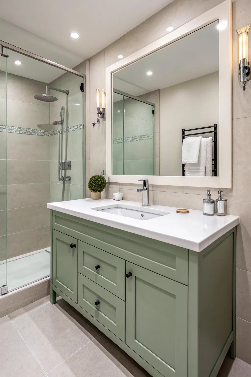 A modern bathroom layout showcasing a streamlined sage green vanity paired with white countertops.