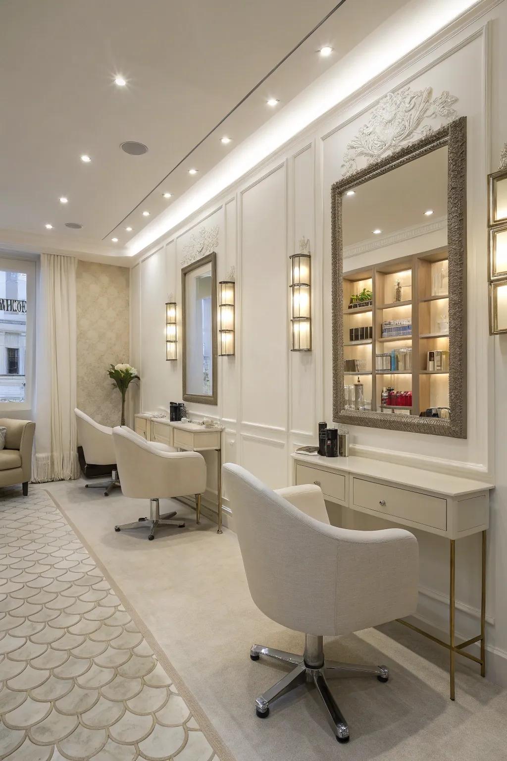 A minimalist salon style showcasing sophistication and spaciousness.