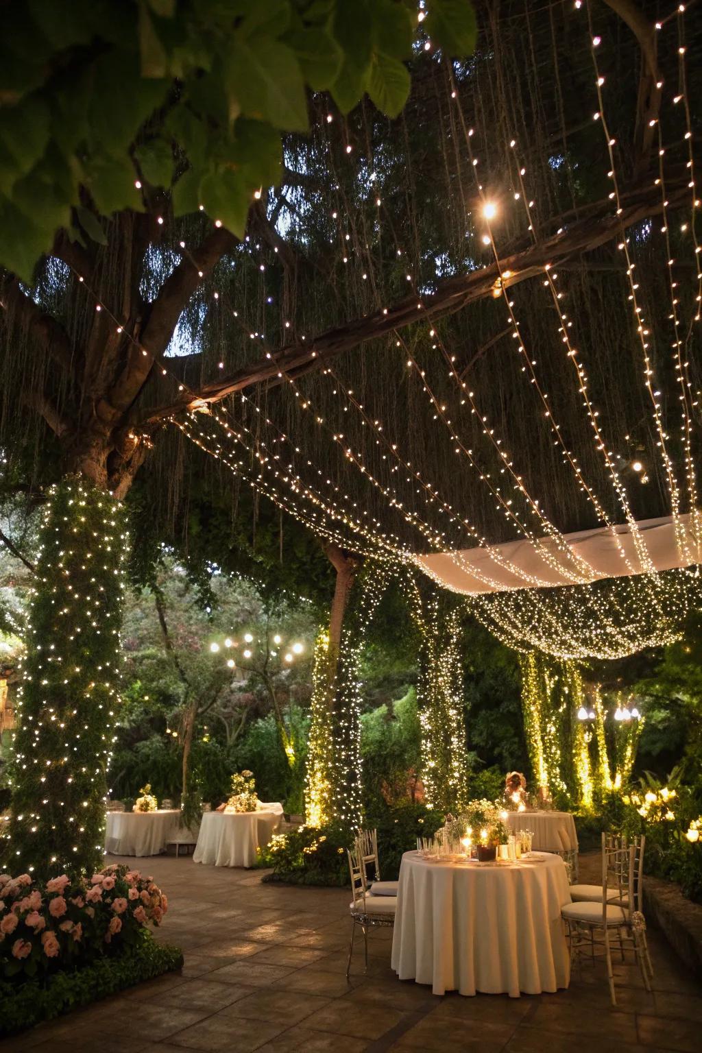 A garden venue aglow with enchanting tiny lights.