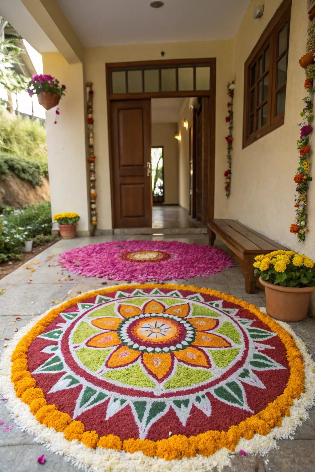 A colorful rangoli greets visitors with elaborate designs.
