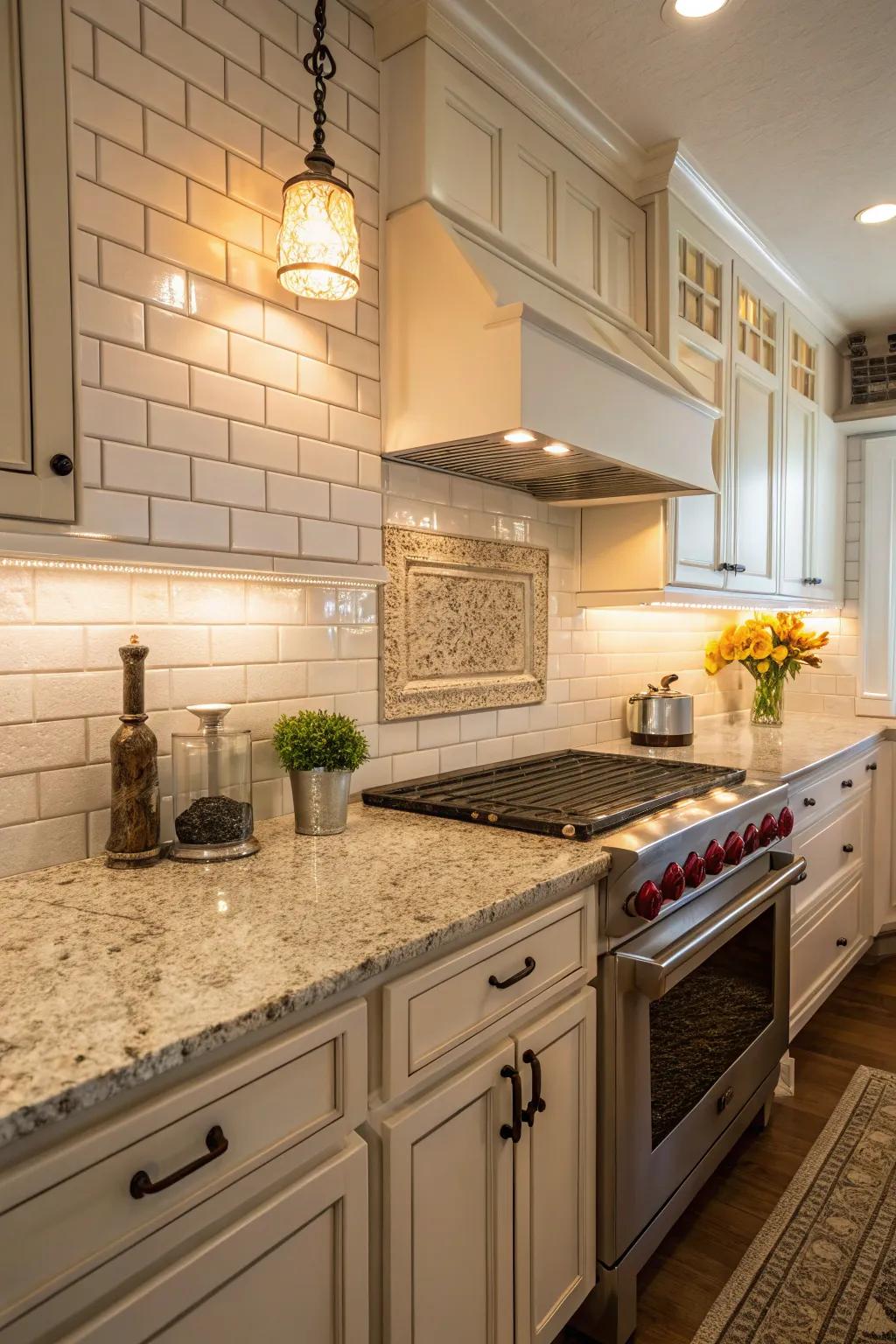 Timeless white brick tiles paired with Sierra Gold stone for a classic aesthetic.