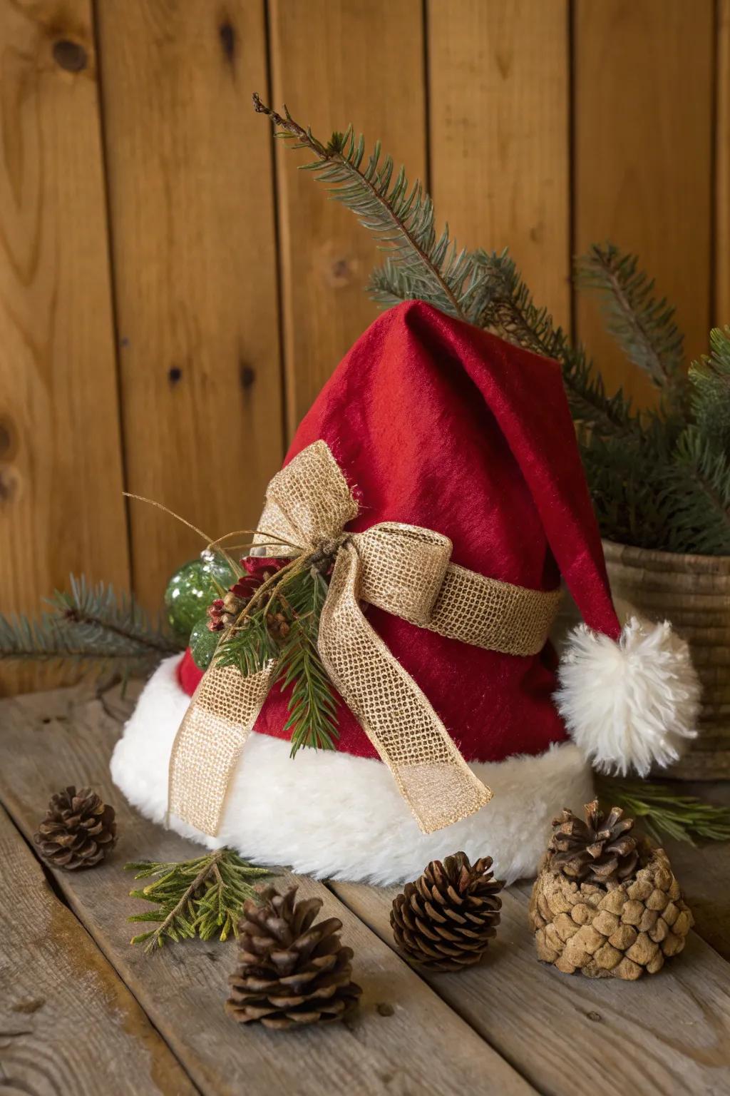 Embrace rustic charm with burlap and natural elements on your Santa hat.