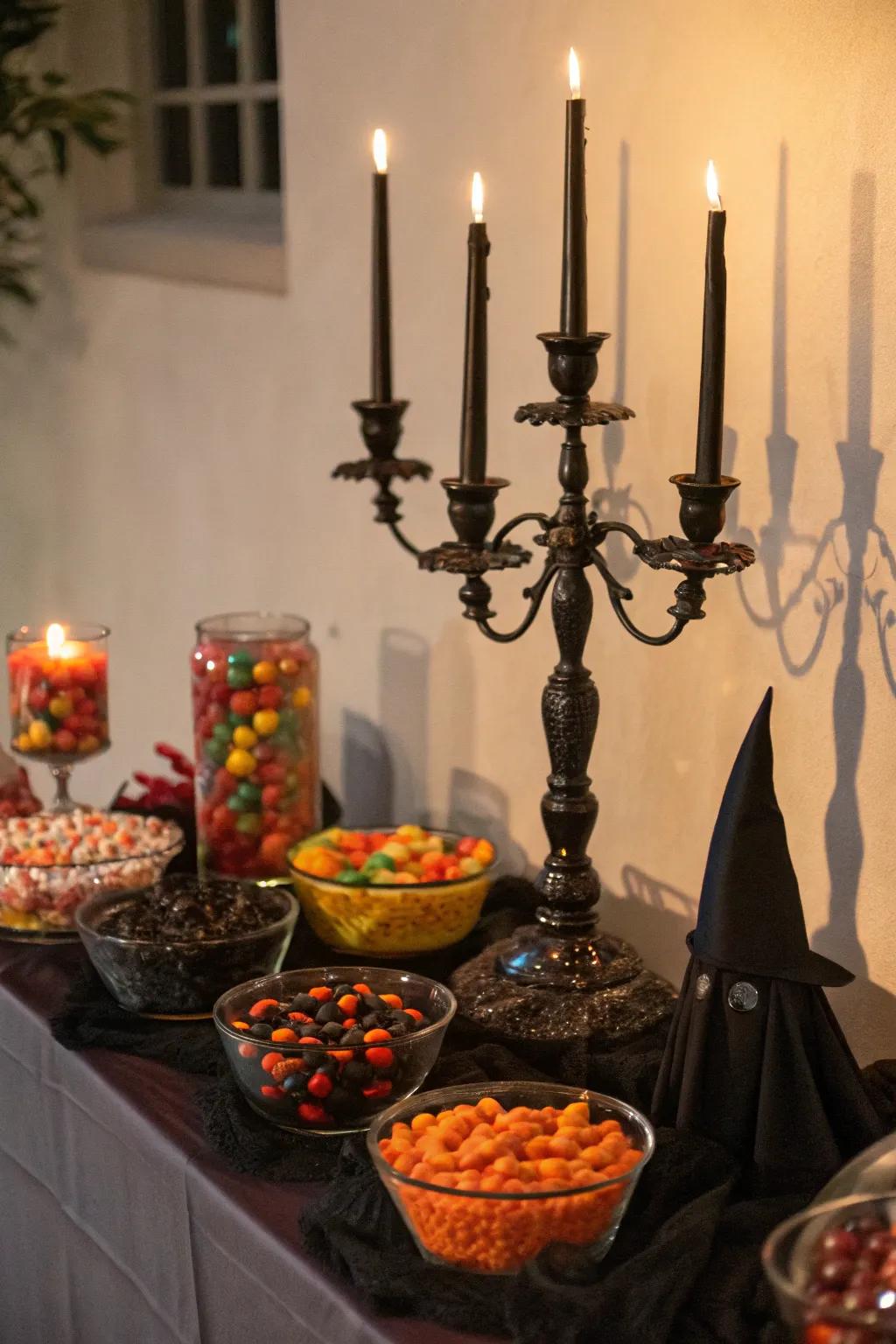 The quintessential dark age vibe highlighted by candle stands and gently flickering lights.