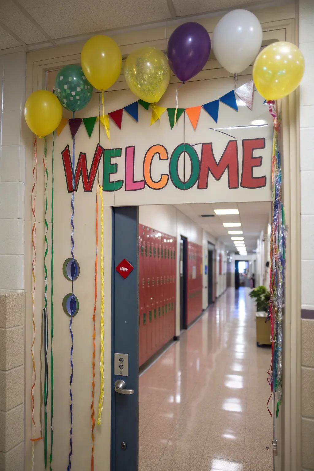 A lively school door showcasing a welcoming greeting and celebratory decorations.