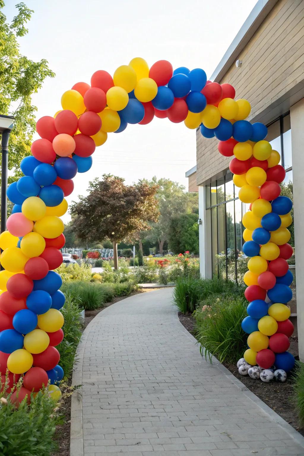A playful balloon arch greets guests with bright colors.