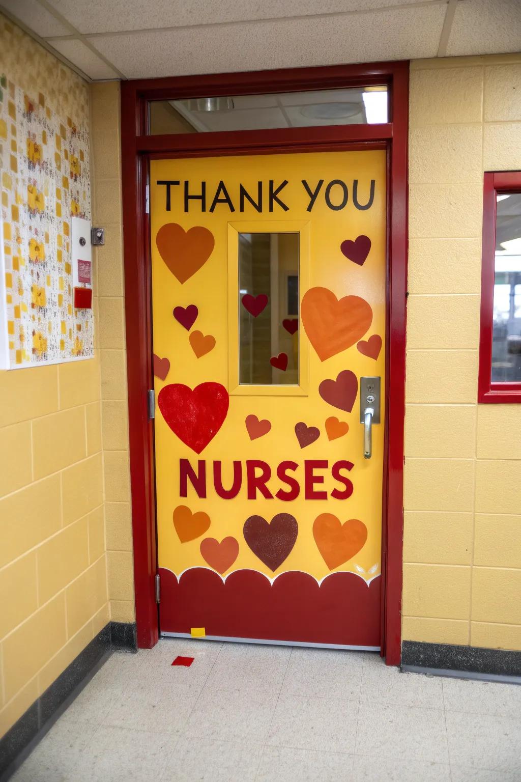 A school nurse's door ornamented with hearts and a sincere 'Nurses Appreciated' sentiment.