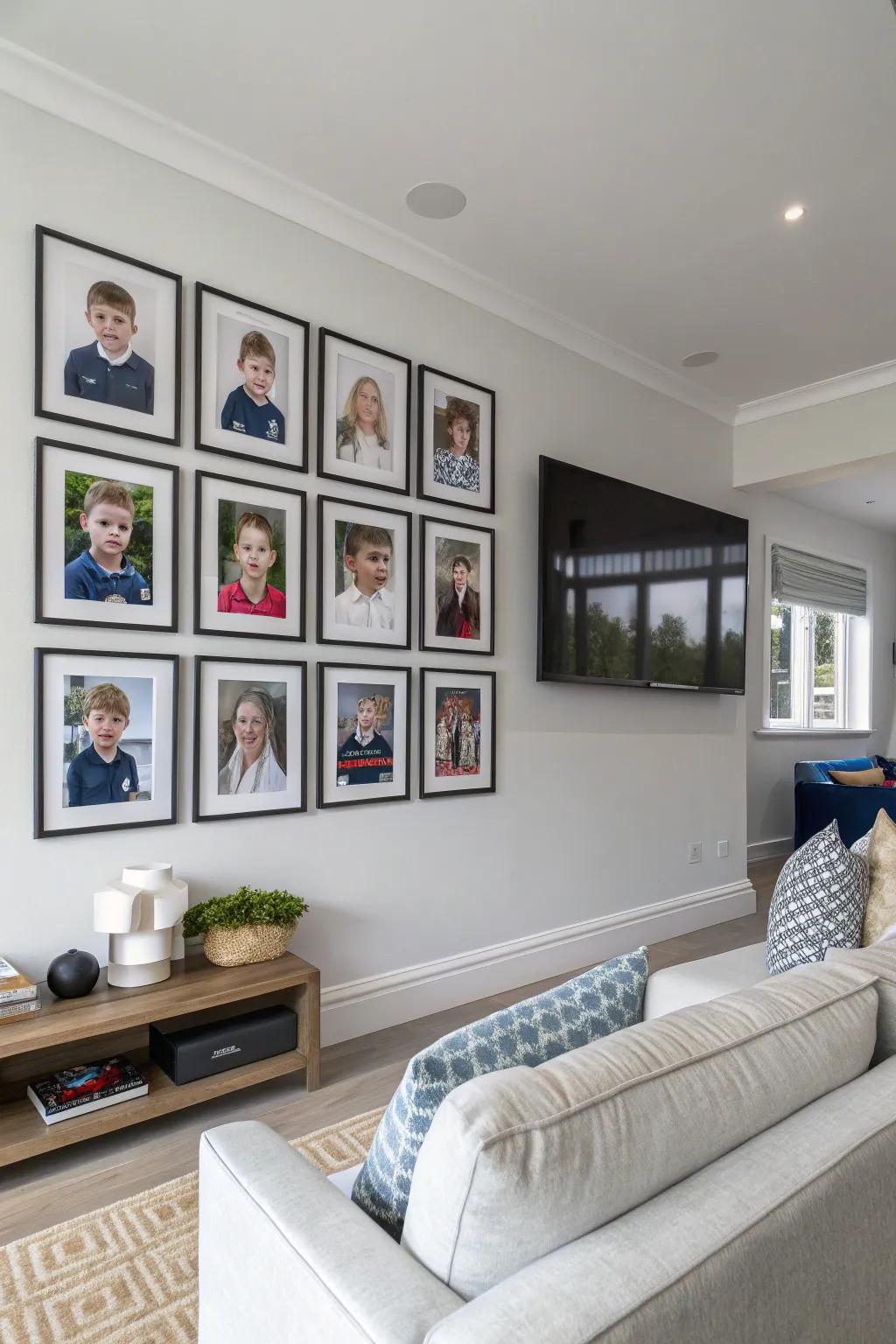 A gallery wall showing school pictures from different years.