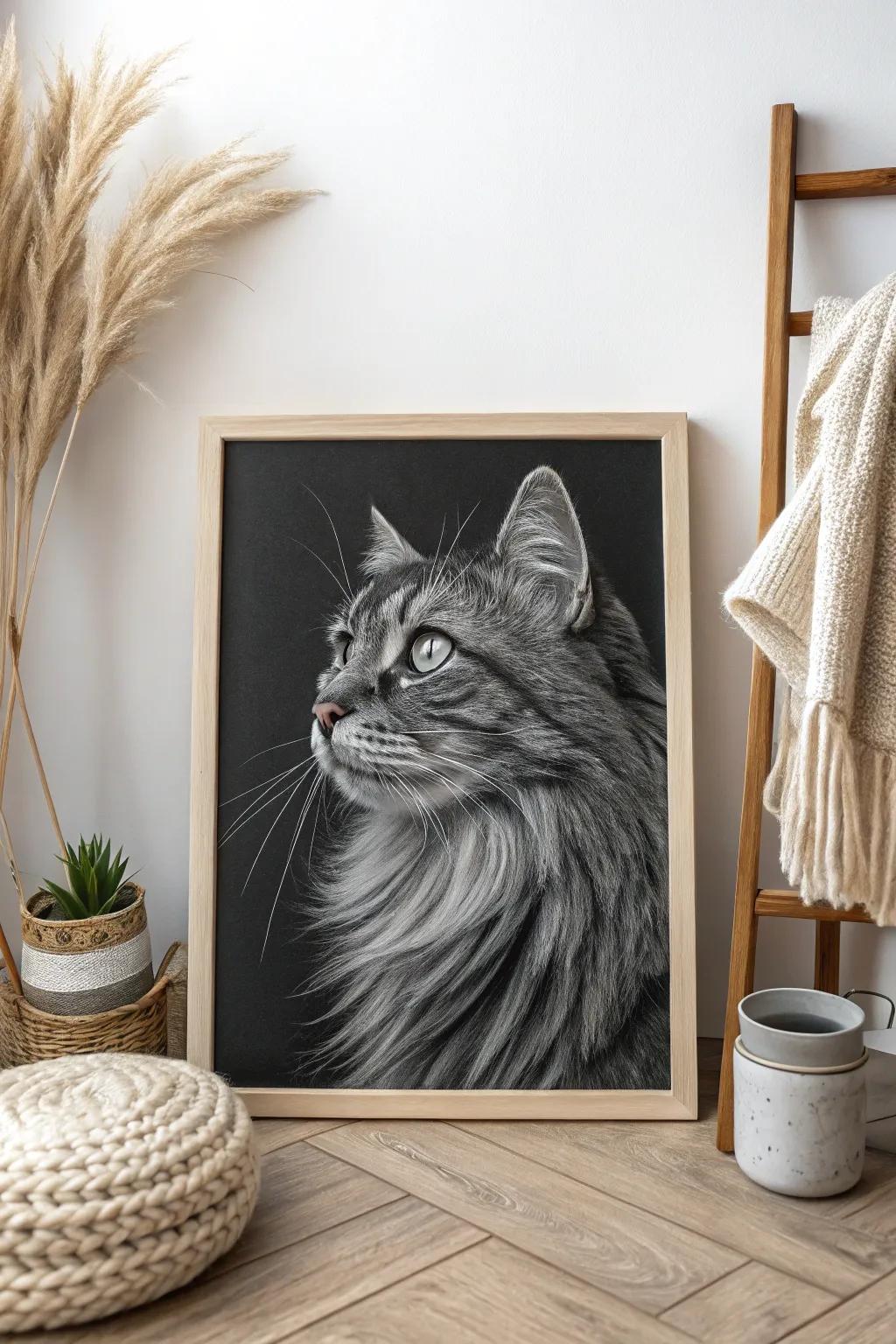 Embody the alluring charm of feline beauty through sophisticated scratchboard art.