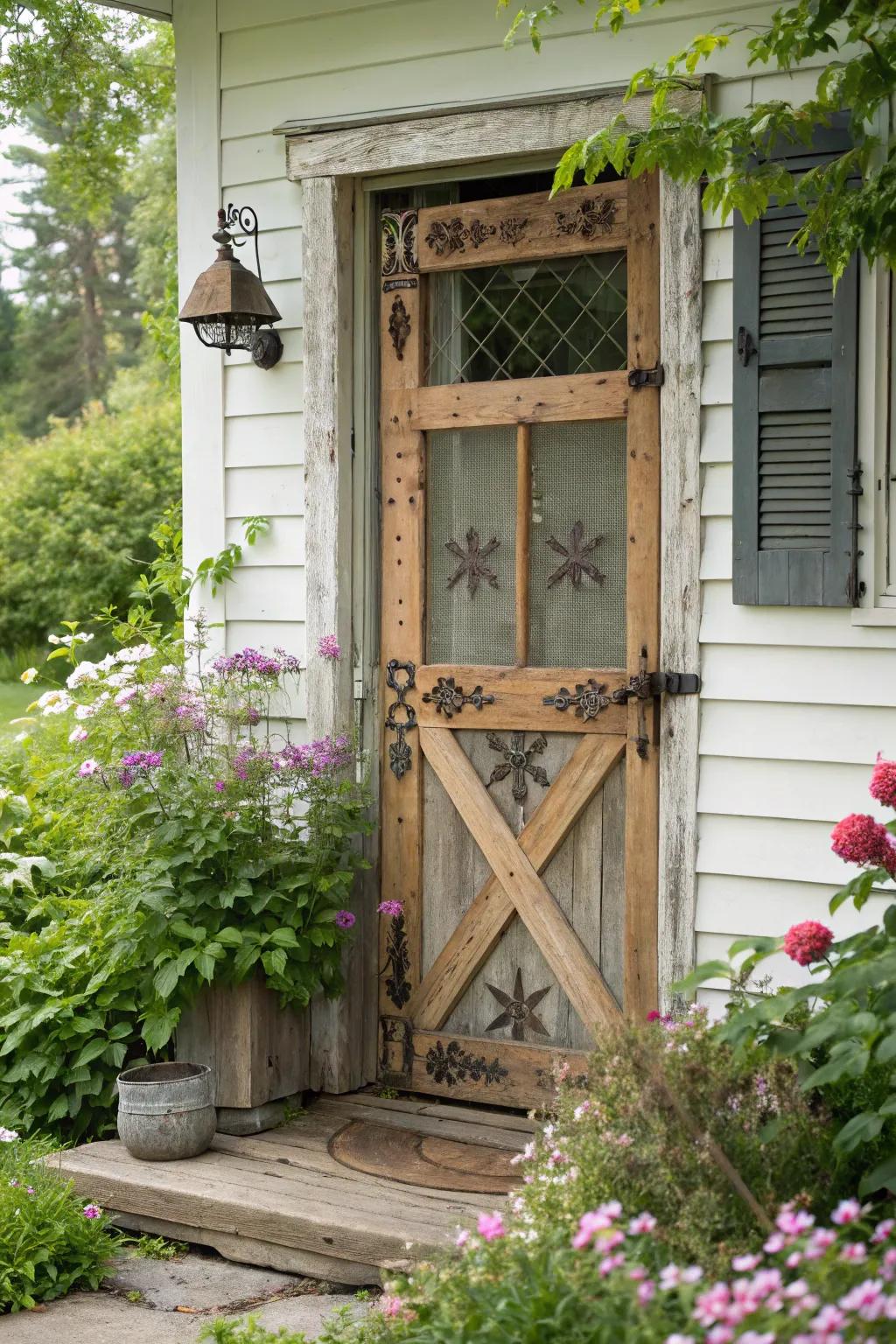 This farmhouse-style home is enhanced by a rustic wooden screen door.