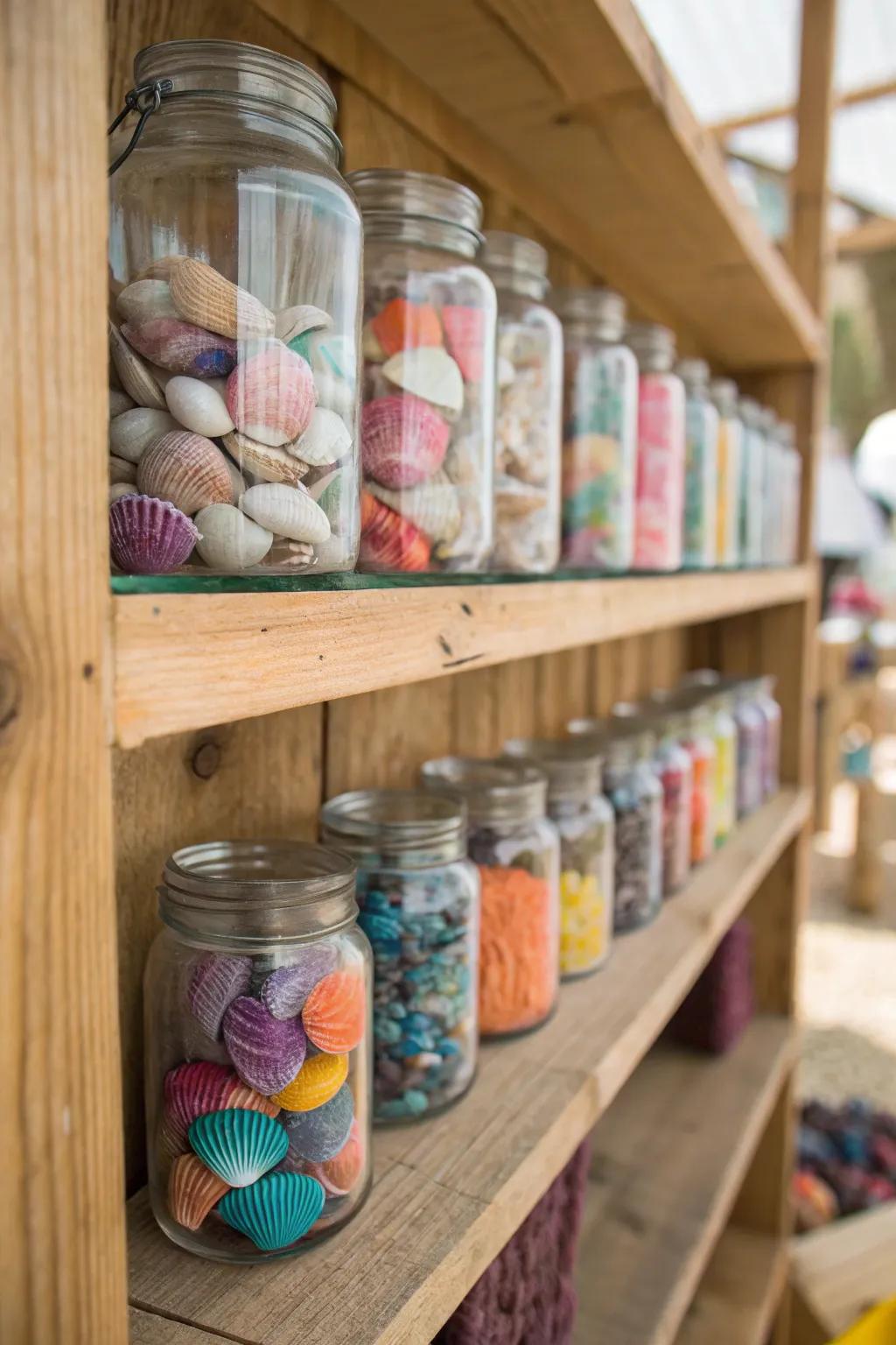 Glass containers brimming with seashells fashion an energetic and appealing spectacle.
