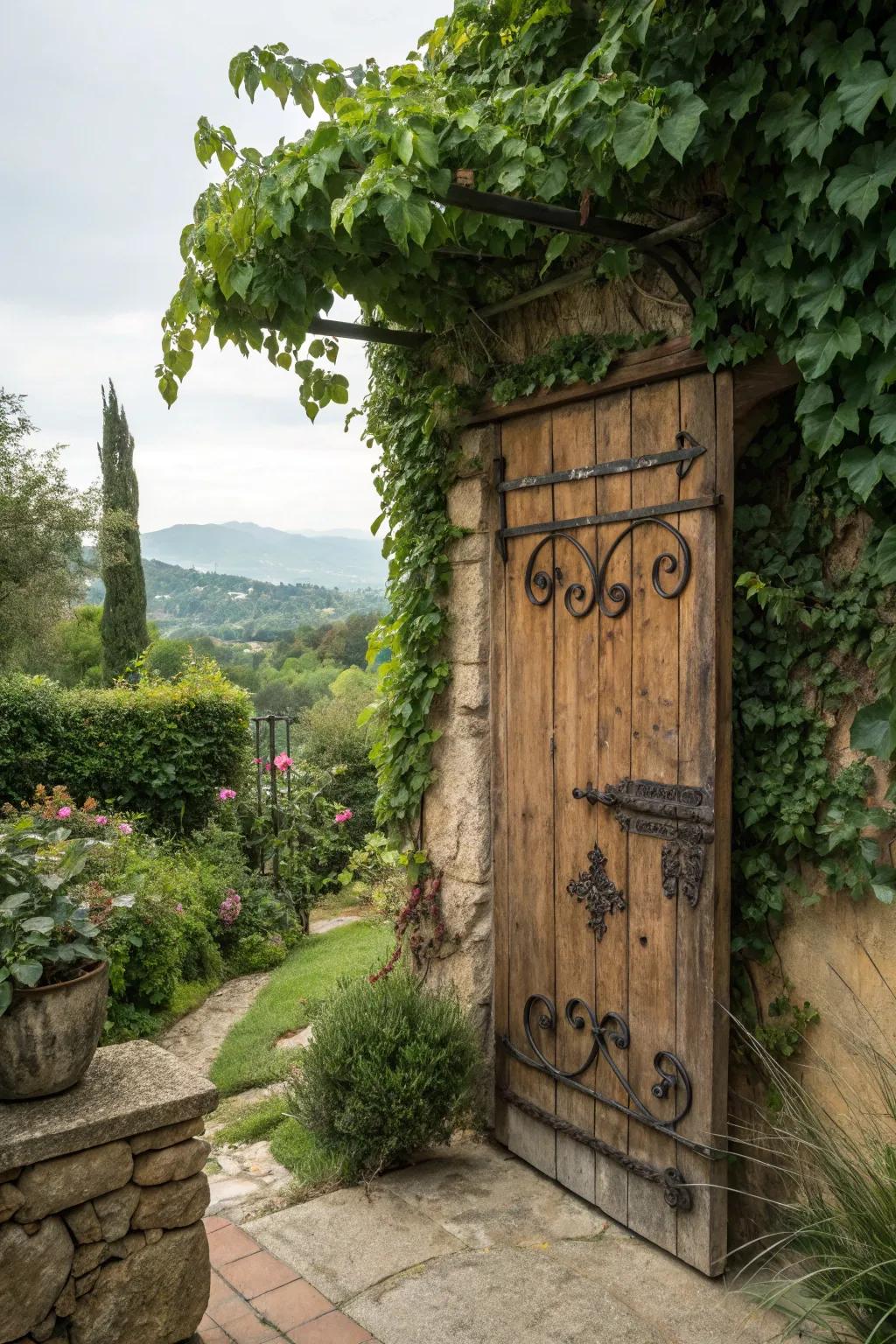 This secret garden entrance blends rustic allure with natural beauty.