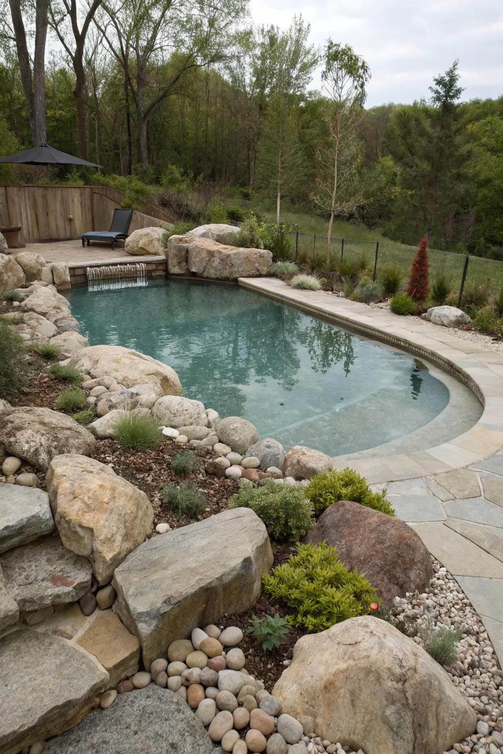 A semi inground pool beautifully complemented by a surrounding rock garden.