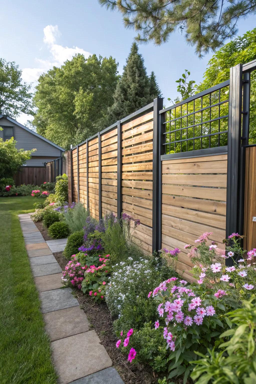 A chic fusion of wood and metal defines a modern semi-private fence in an inviting garden setting.