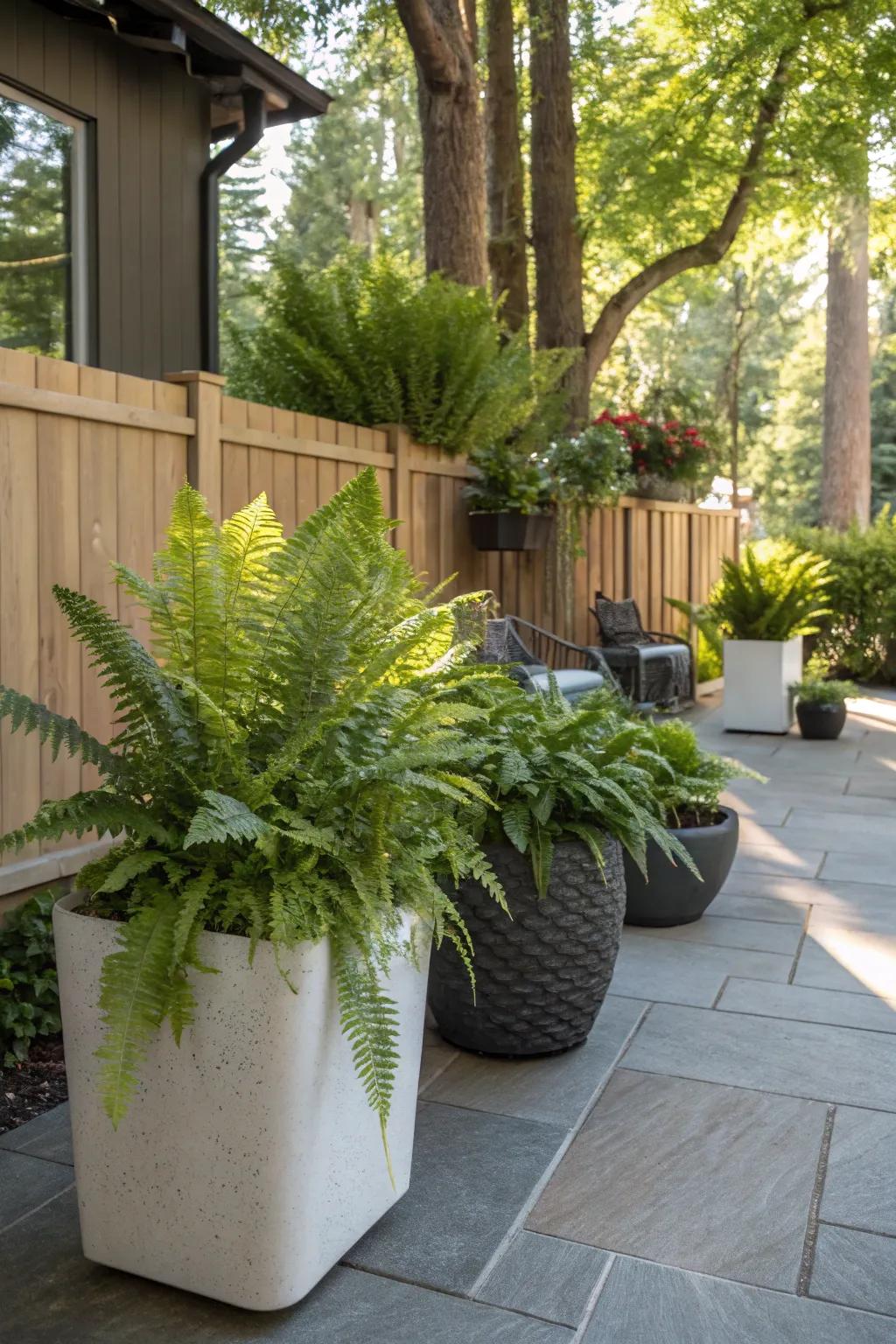 A shaded terrace beautifully decorated with diverse, lush ferns in ornate pots.