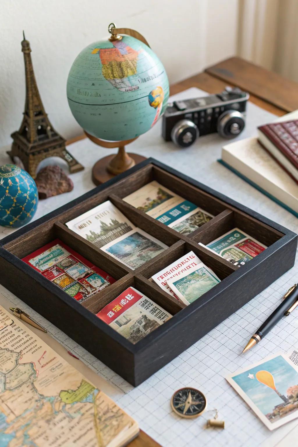A travel memory display brimming with travel treasures.