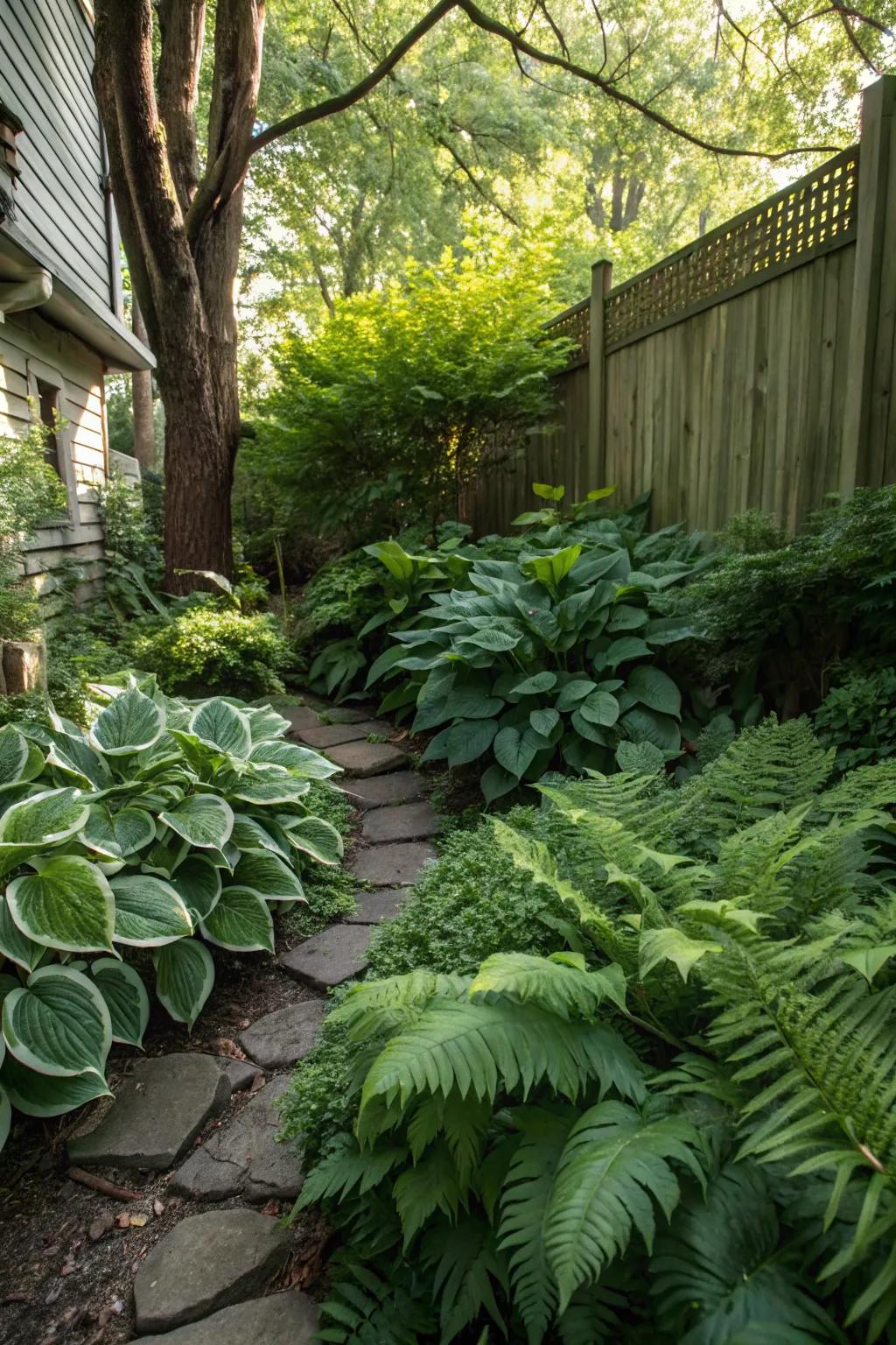 Hostas and ferns fashion a dynamic green haven in the shadows.