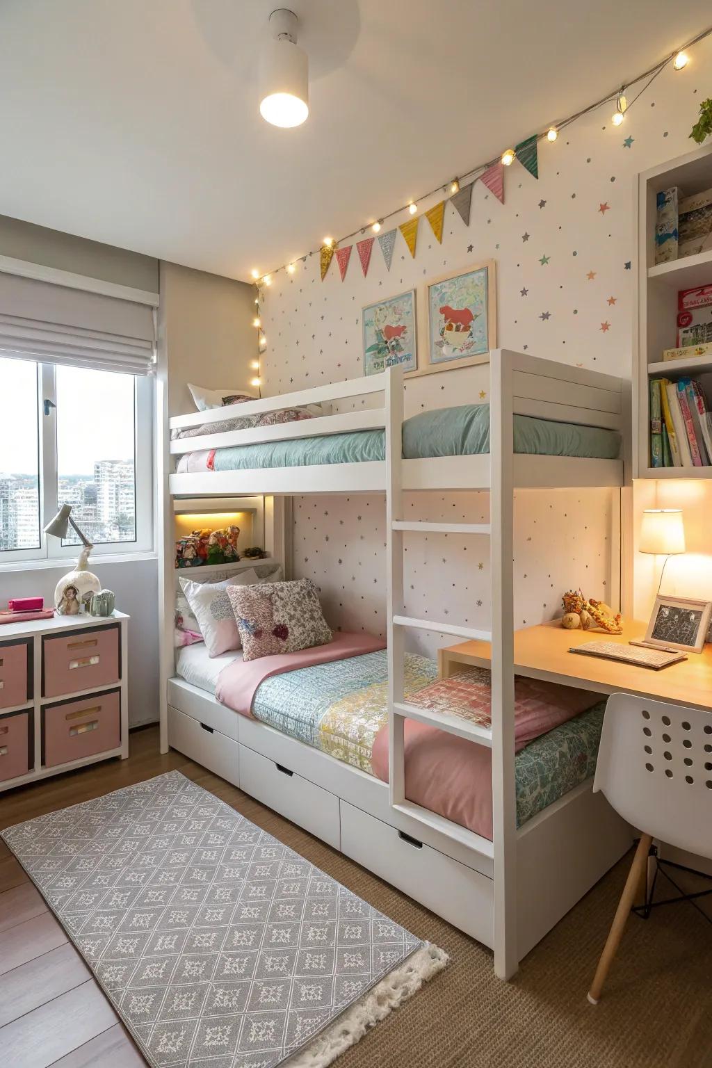 Bunk beds efficiently utilize vertical space in a shared children's bedroom.