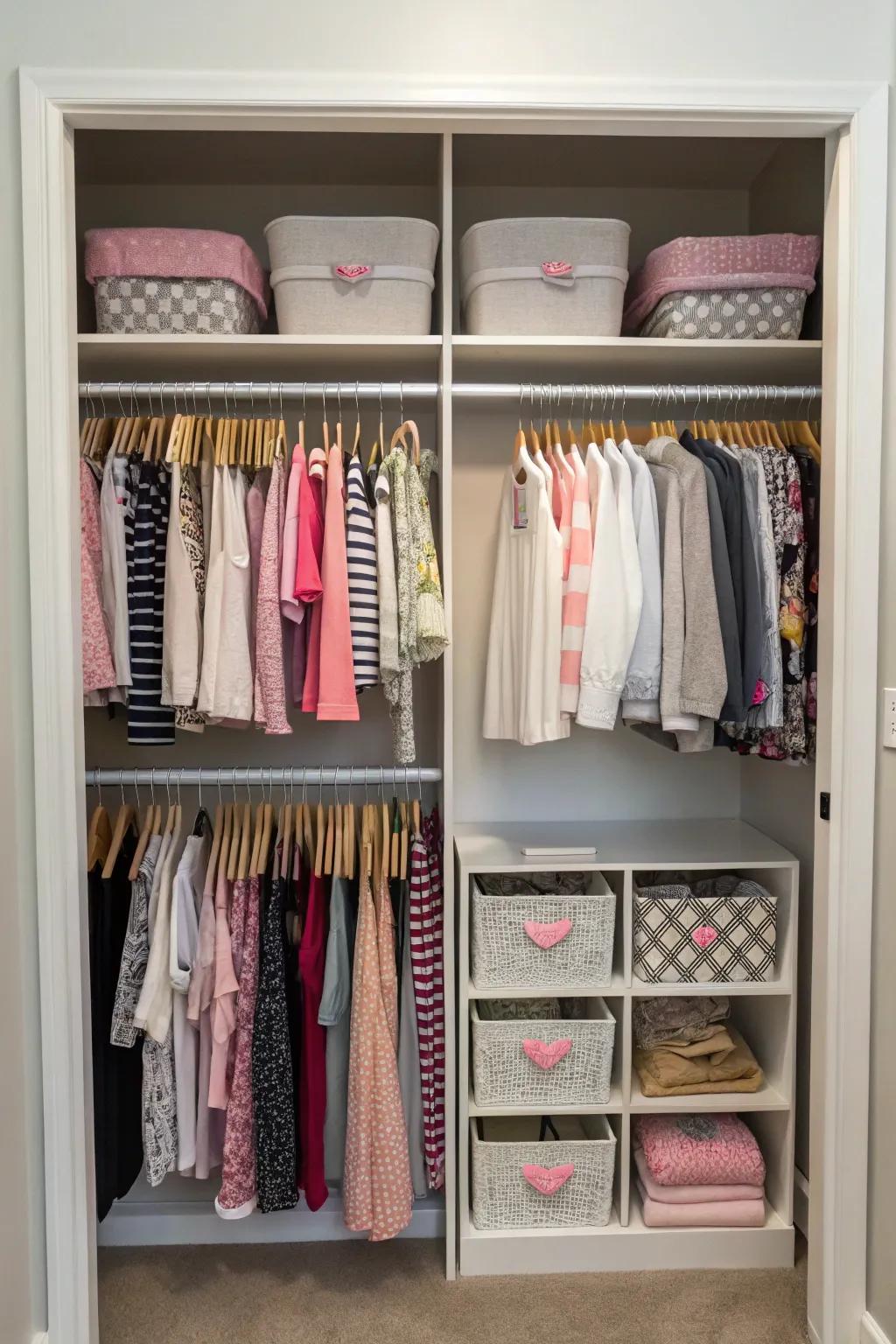 A shared closet showcasing clearly divided areas for two people.