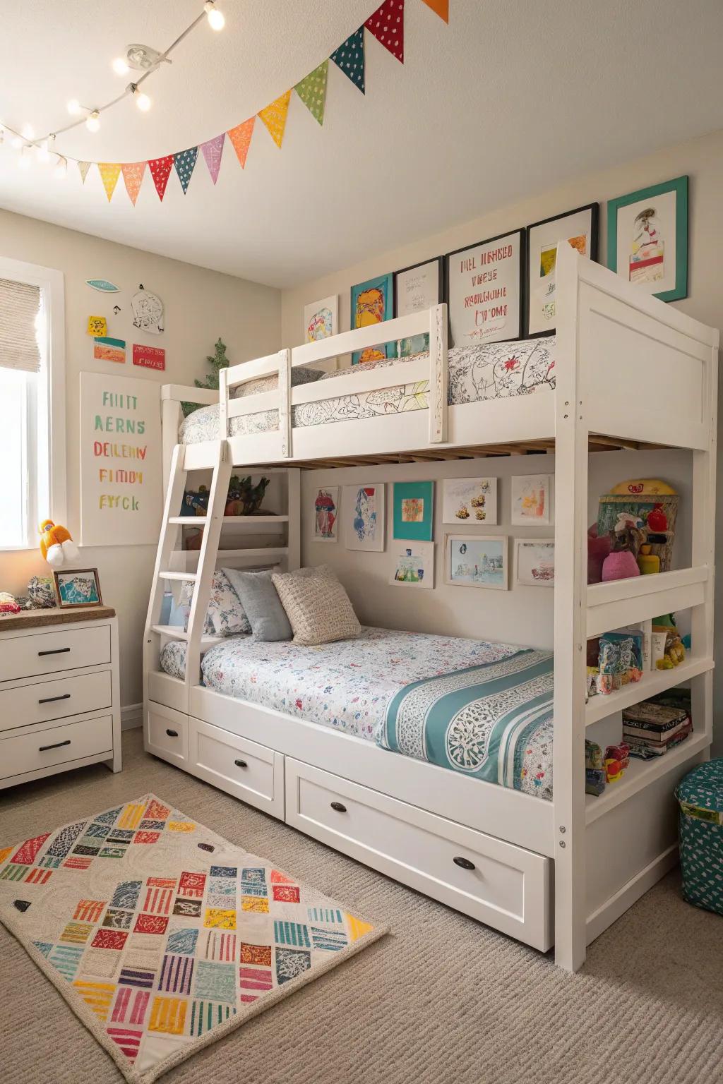 Space-efficient layered and pull-out beds in a shared bedroom.