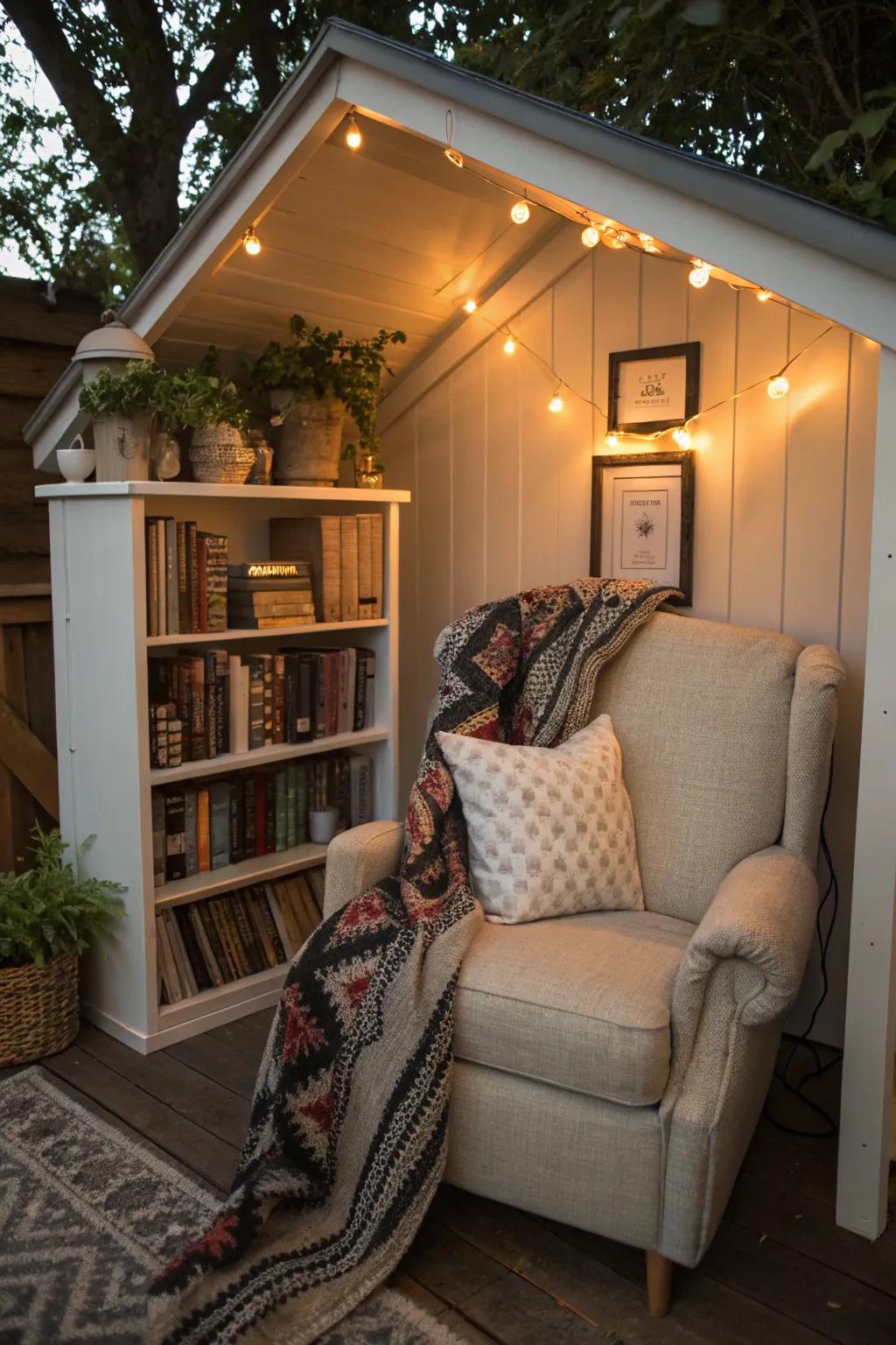 A snug reading corner inside a she shed, ideal for anyone who loves to read.