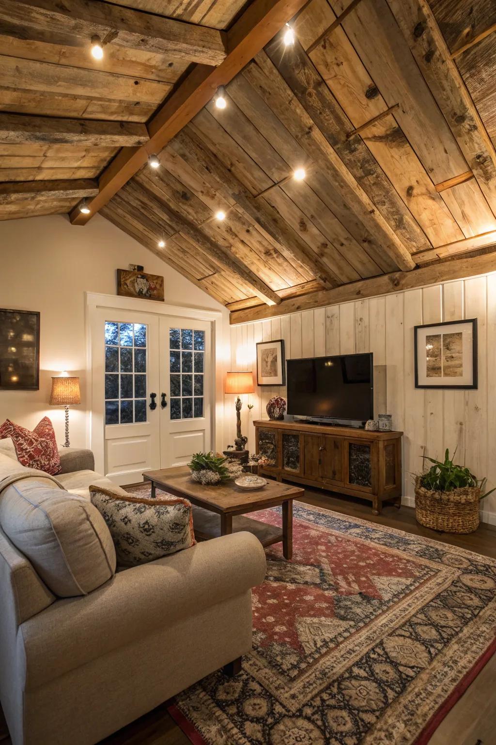 A comfortable living area showcases a striking wood shed ceiling.