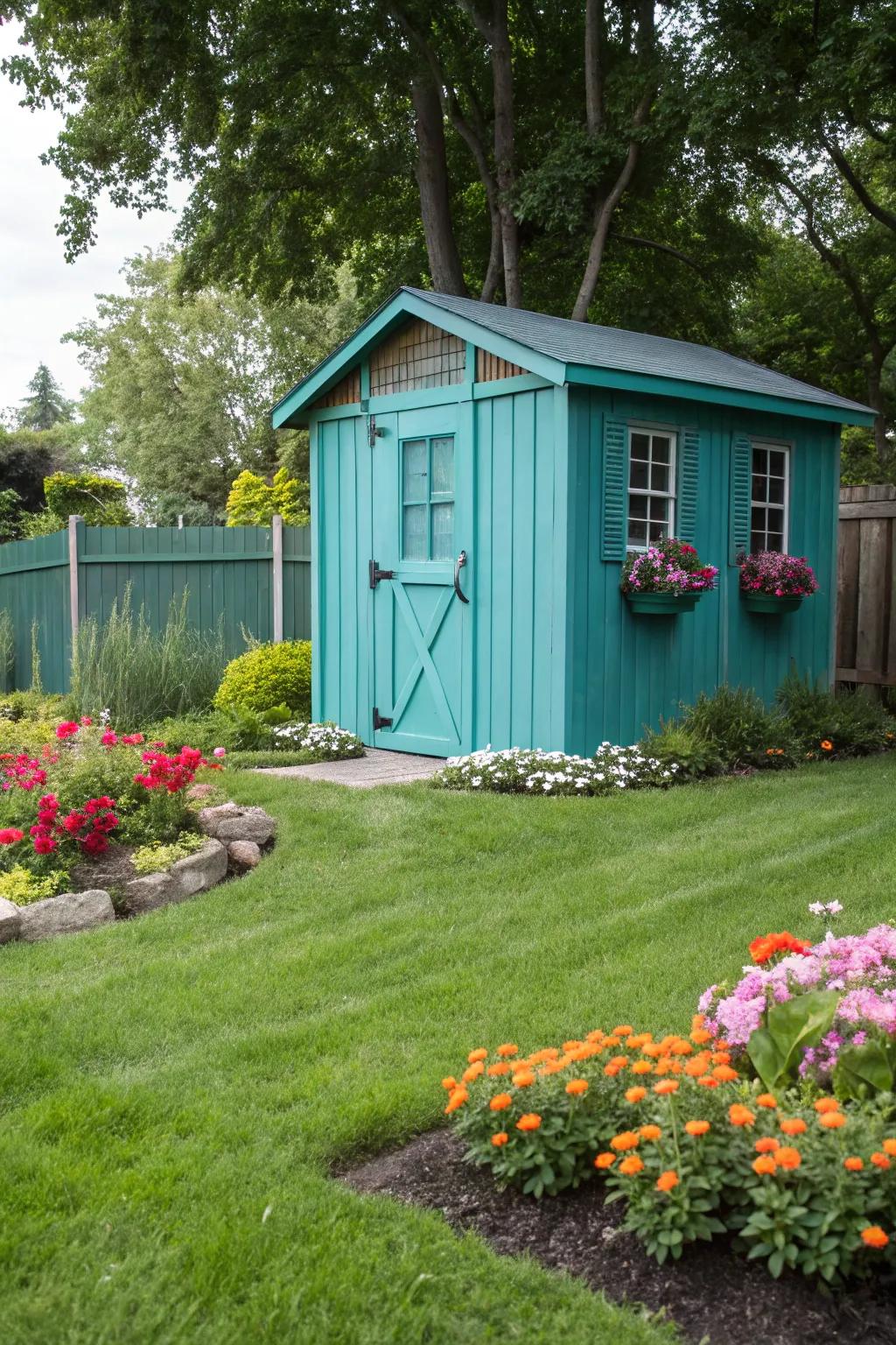A garden shed refreshed with a striking teal paint job.