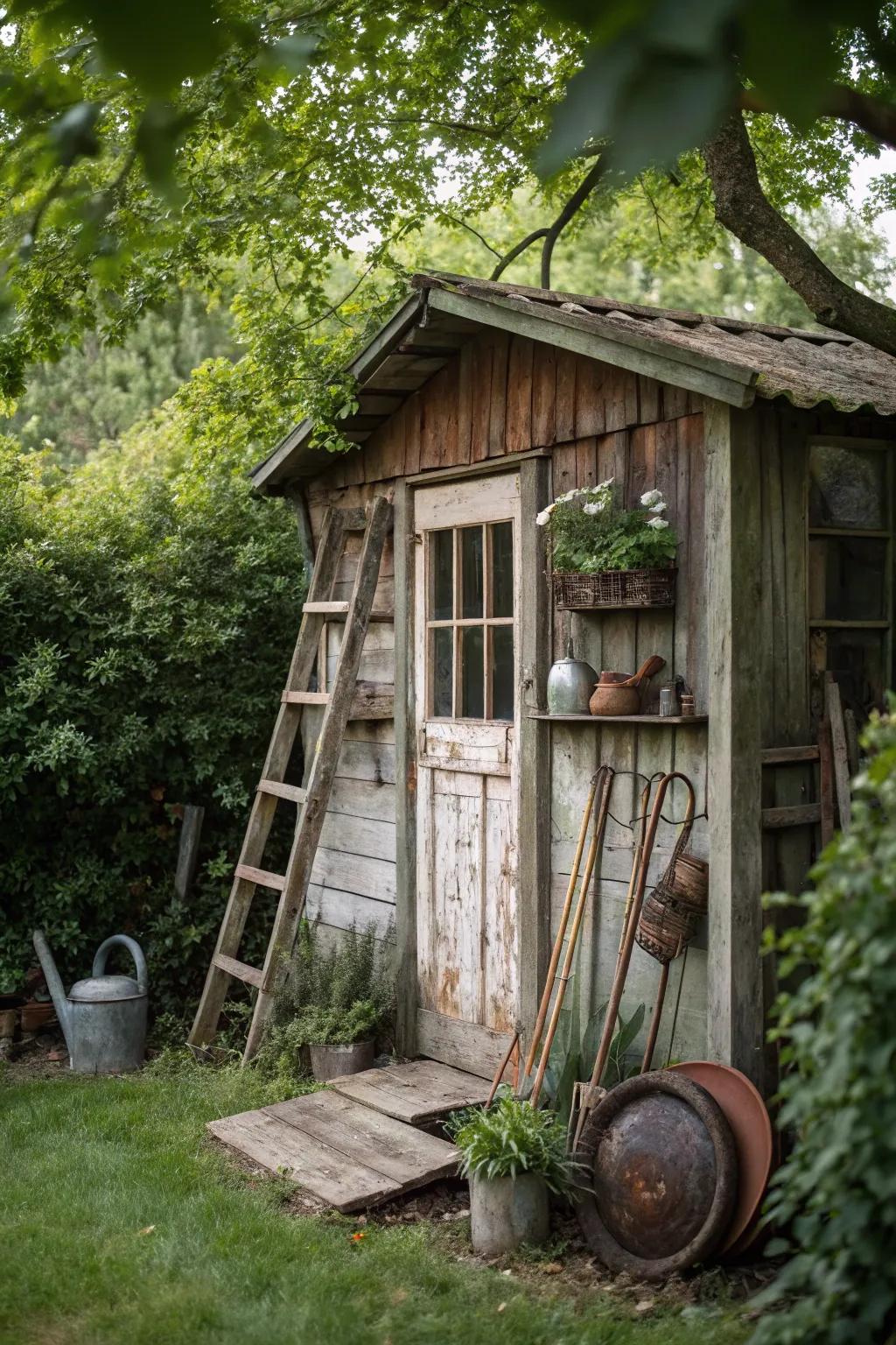 A countryside-inspired garden shed showcasing vintage aesthetic components.