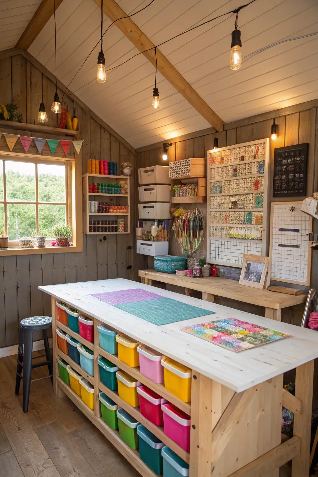 A creative studio shed featuring organized supplies and a generous workbench for artistic projects.
