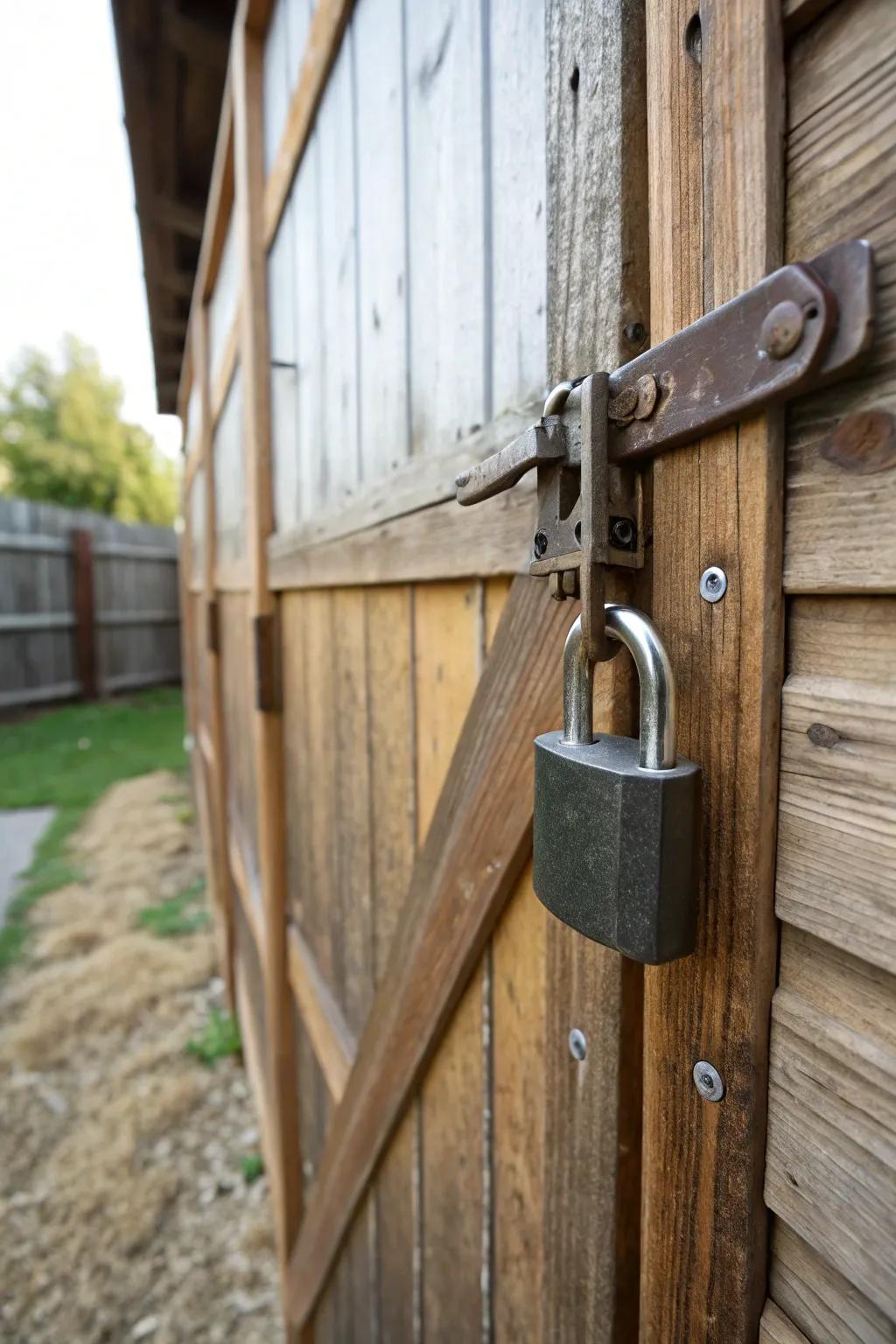A robust lock ensures a wooden shed door remains securely fastened.