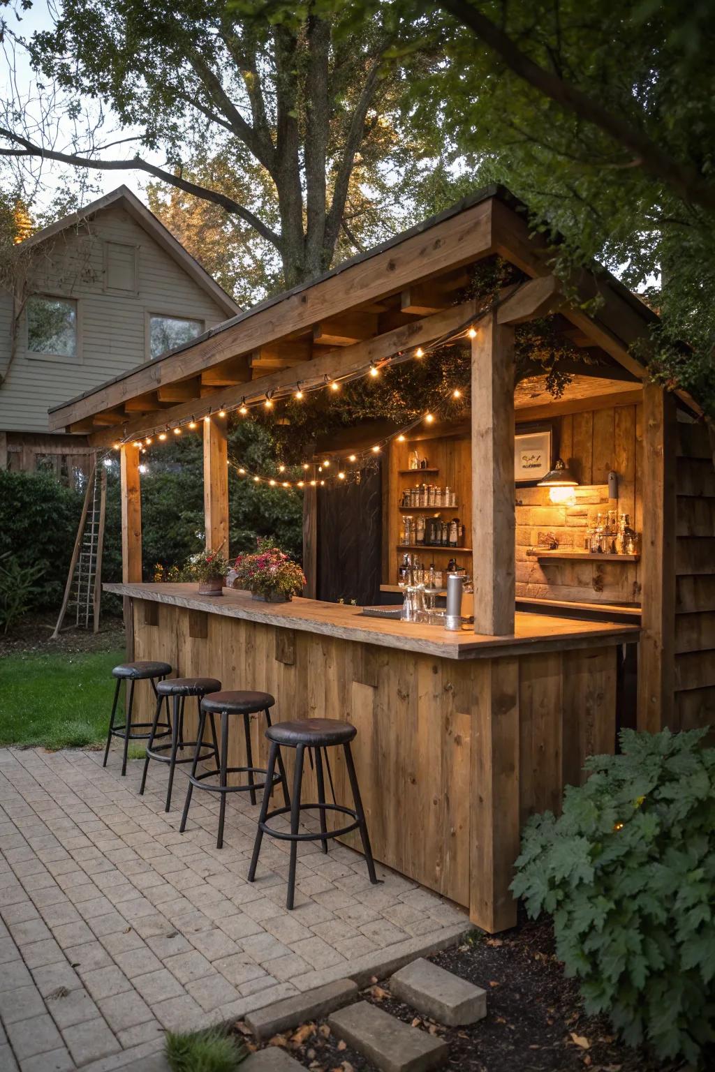 A country-style wooden bar that perfectly matches its natural backdrop.