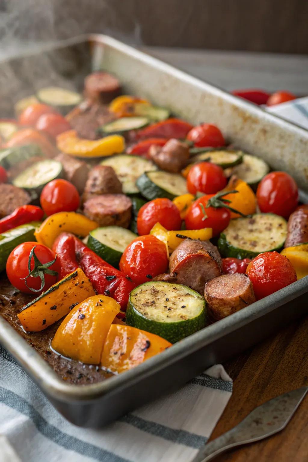 An appealing combination of succulent Italian sausage and roasted vegetables, prepared for serving.